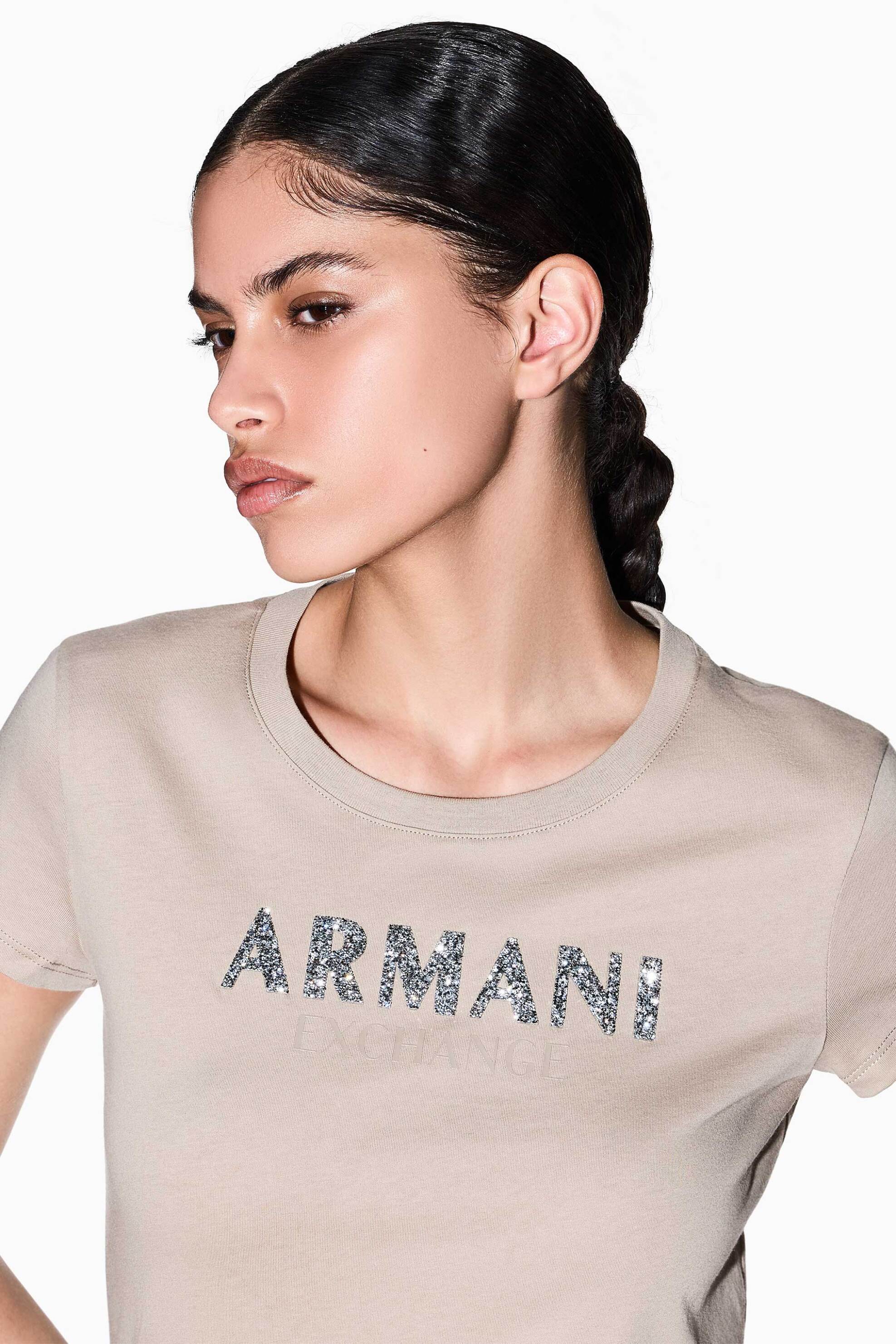 Armani Exchange γυναικείο T-shirt με λογότυπο από στρας Slim Fit - XW002106AF10356 Μπεζ