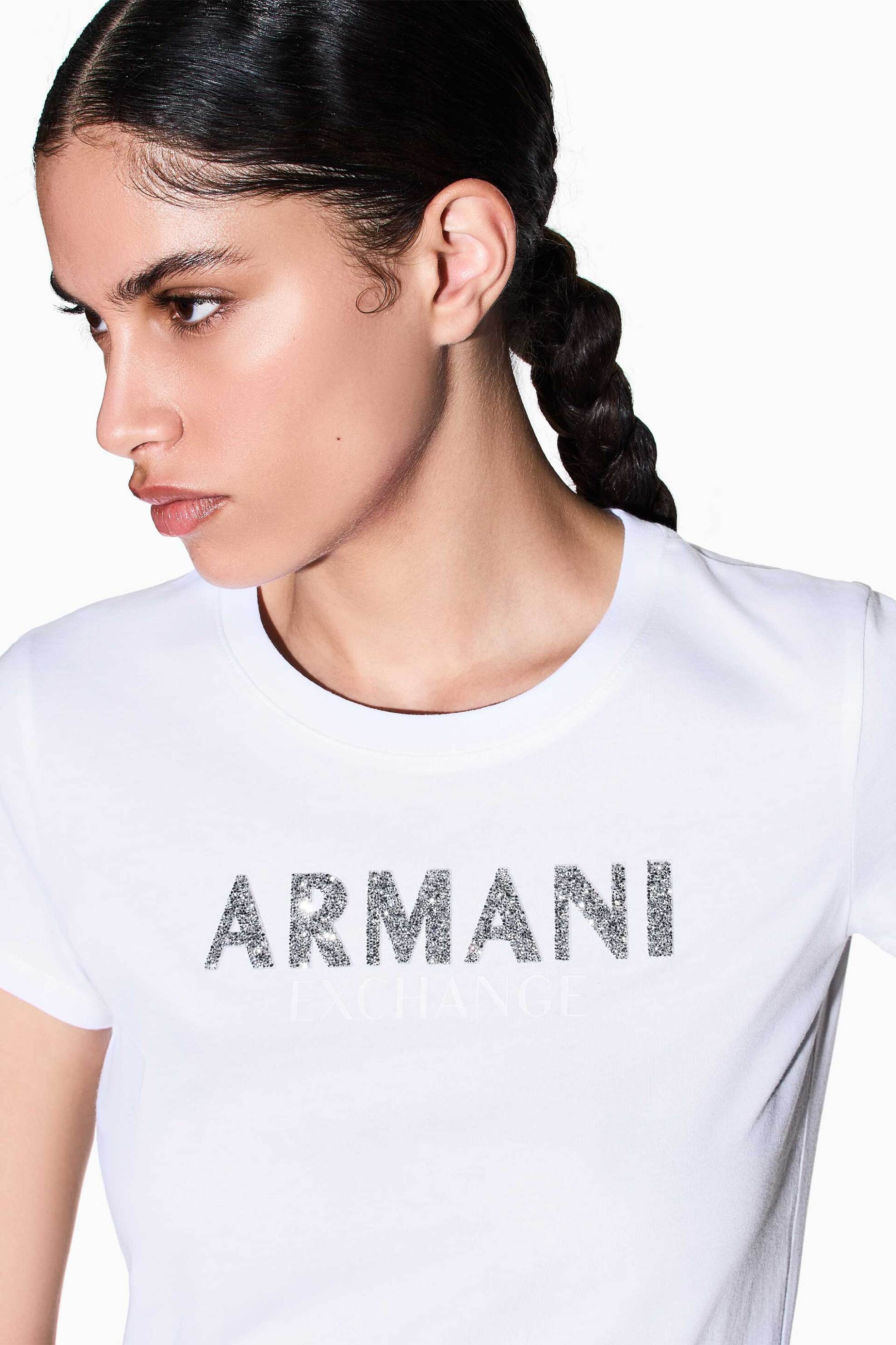 Armani Exchange γυναικείο T-shirt με λογότυπο από στρας Slim Fit - XW002106AF10356 Λευκό