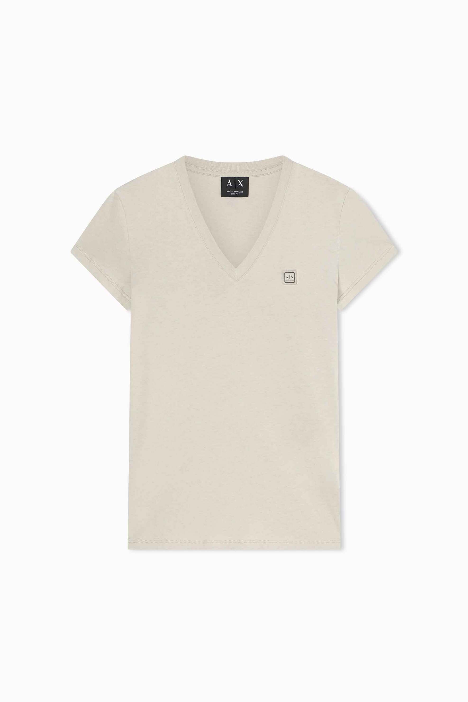 Armani Exchange γυναικείο T-shirt με V και logo patch Slim Fit - XW002292AF10356 Εκρού
