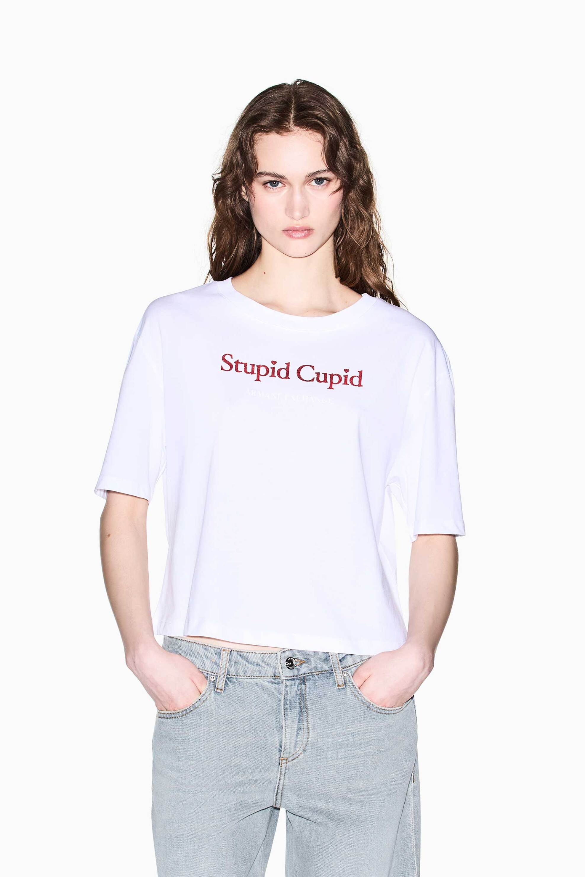 Armani Exchange γυναικείο cropped T-shirt με lettering Regular Fit - XW002297AF17172 Λευκό