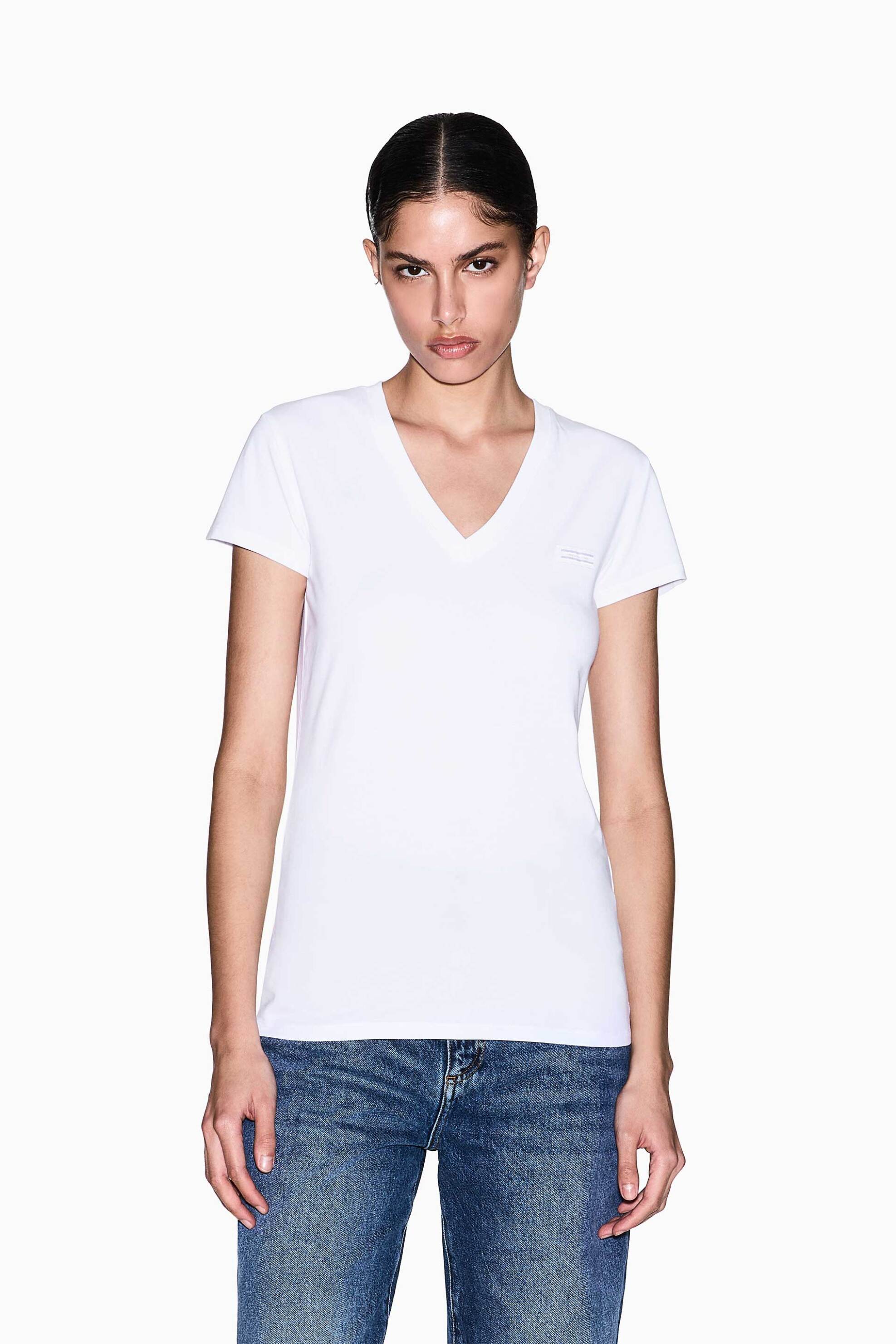 Armani Exchange γυναικείο T-shirt με V και λογότυπο Slim Fit - XW002315AF16294 Λευκό