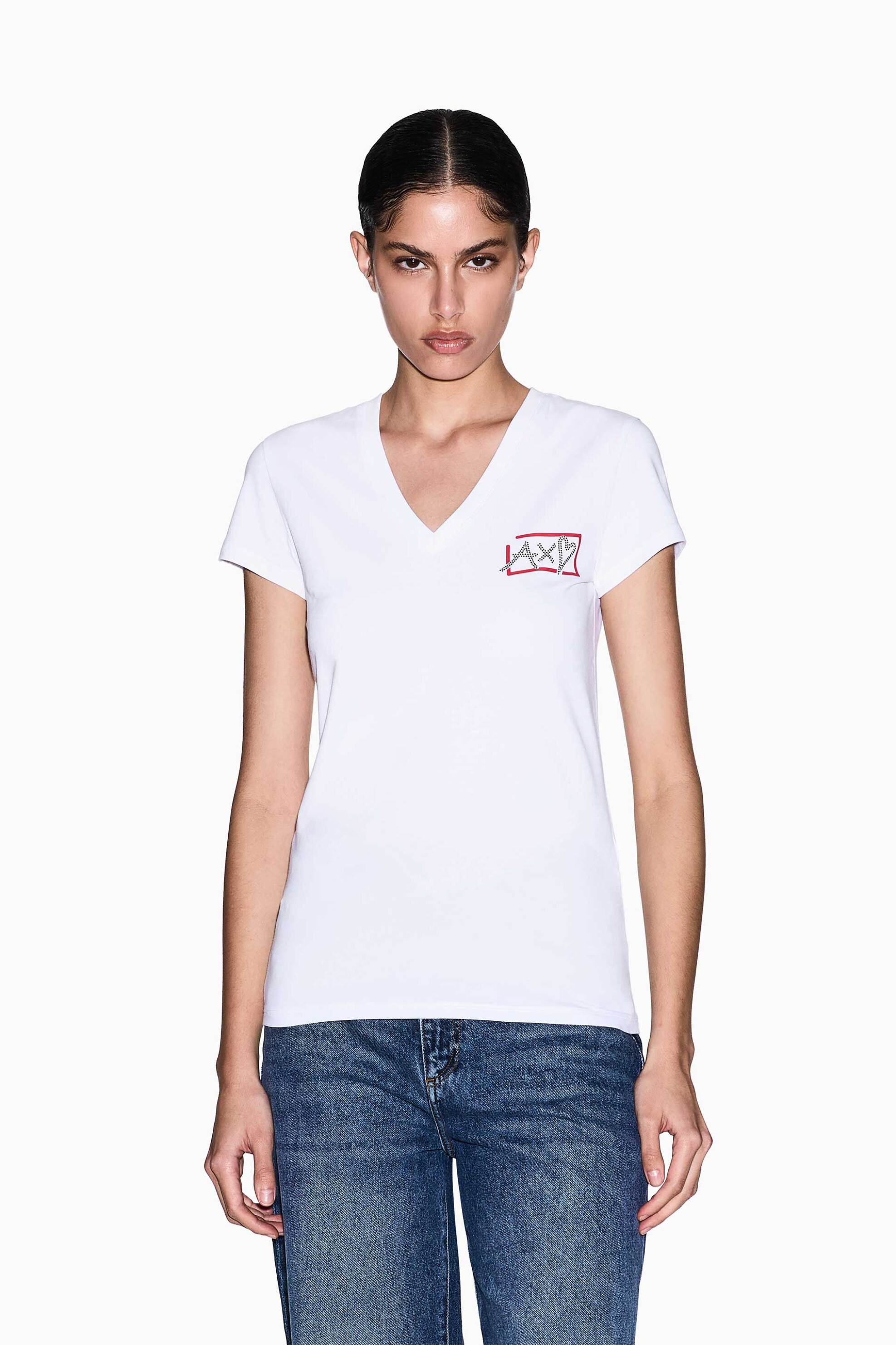 Armani Exchange γυναικείο T-shirt με V και graphic monogram Slim Fit - XW002318AF16294 Λευκό