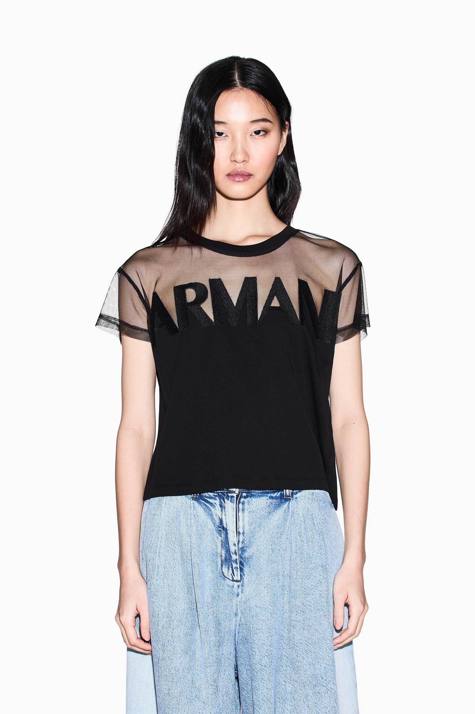 ARMANI EXCHANGE Armani Exchange γυναικείο T-shirt με λογότυπο και ημιδιαφάνεια Regular Fit - XW002332AF10356 Μαύρο