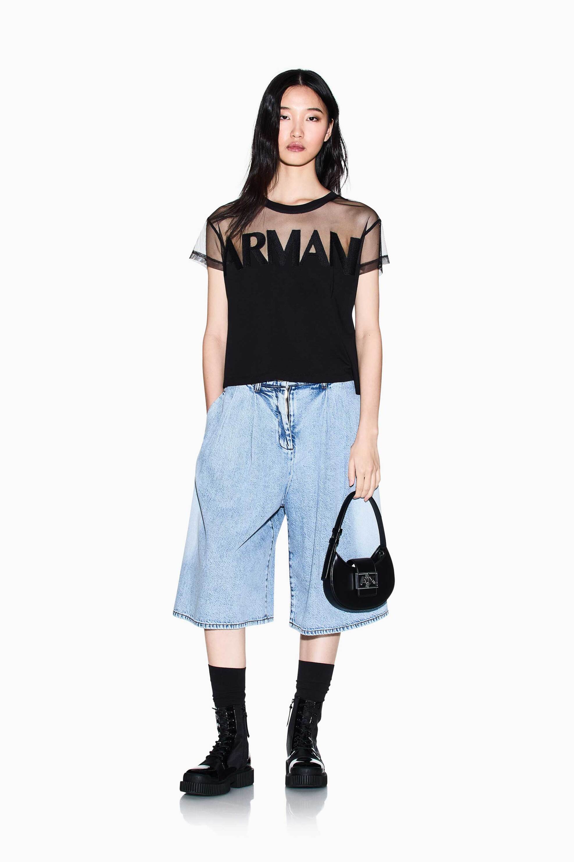 ARMANI EXCHANGE Armani Exchange γυναικείο T-shirt με λογότυπο και ημιδιαφάνεια Regular Fit - XW002332AF10356 Μαύρο - 3