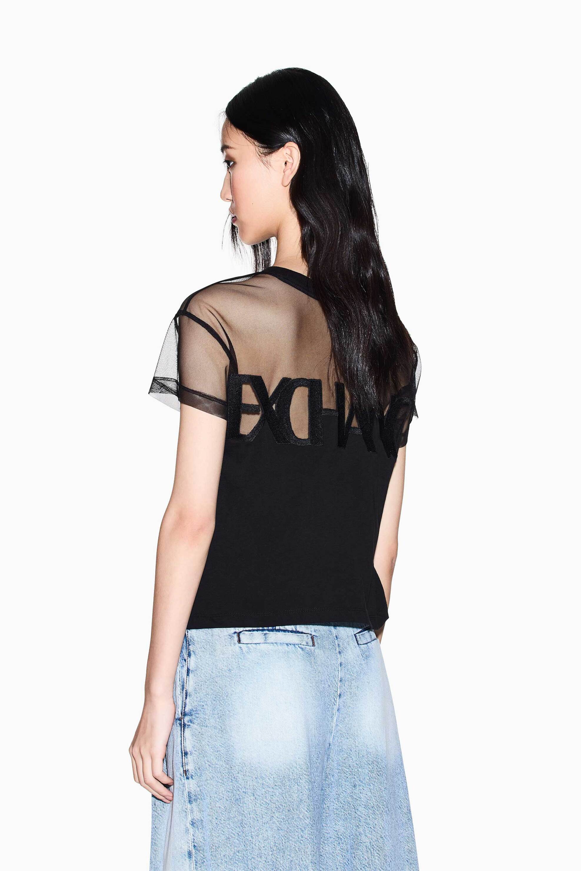 Armani Exchange Γυναικείο T-Shirt με Λογότυπο Και Ημιδιαφάνεια Regular Fit - Xw002332Af10356 Μαύρο