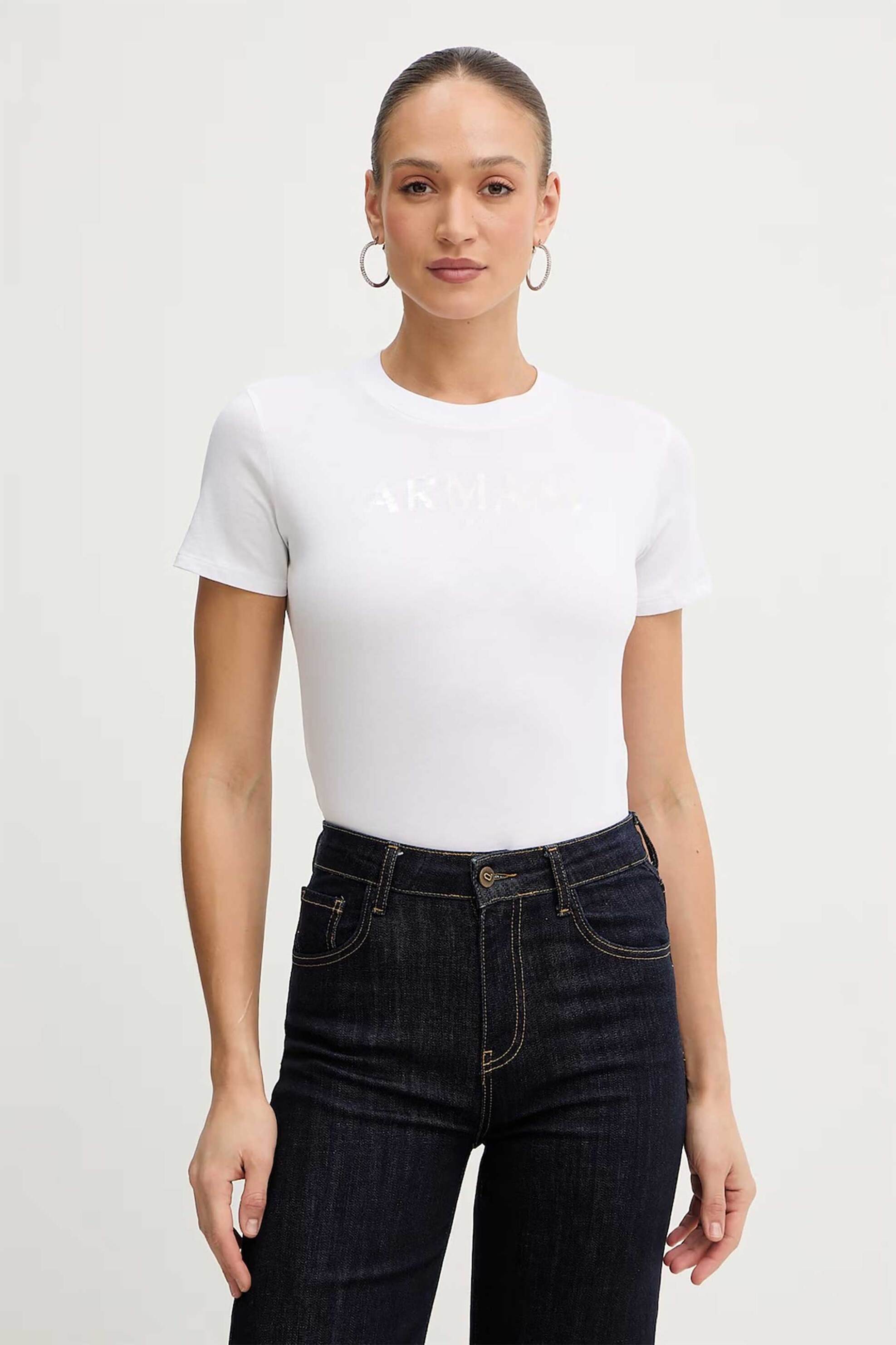 Armani Exchange γυναικείο T-shirt με λογότυπο από παγιέτες Regular Fit - XW002340AF10358 Λευκό