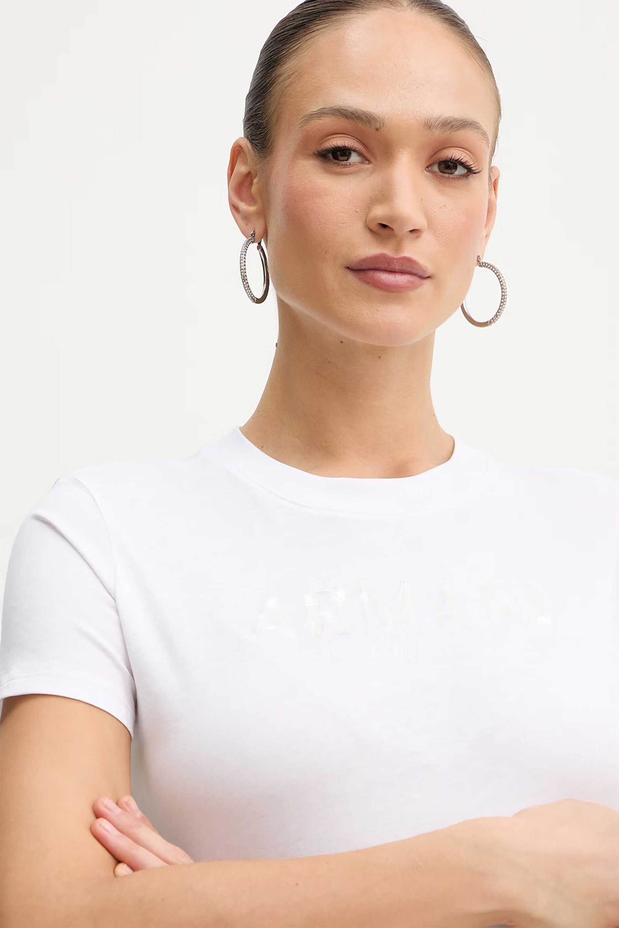 Armani Exchange γυναικείο T-shirt με λογότυπο από παγιέτες Regular Fit - XW002340AF10358 Λευκό
