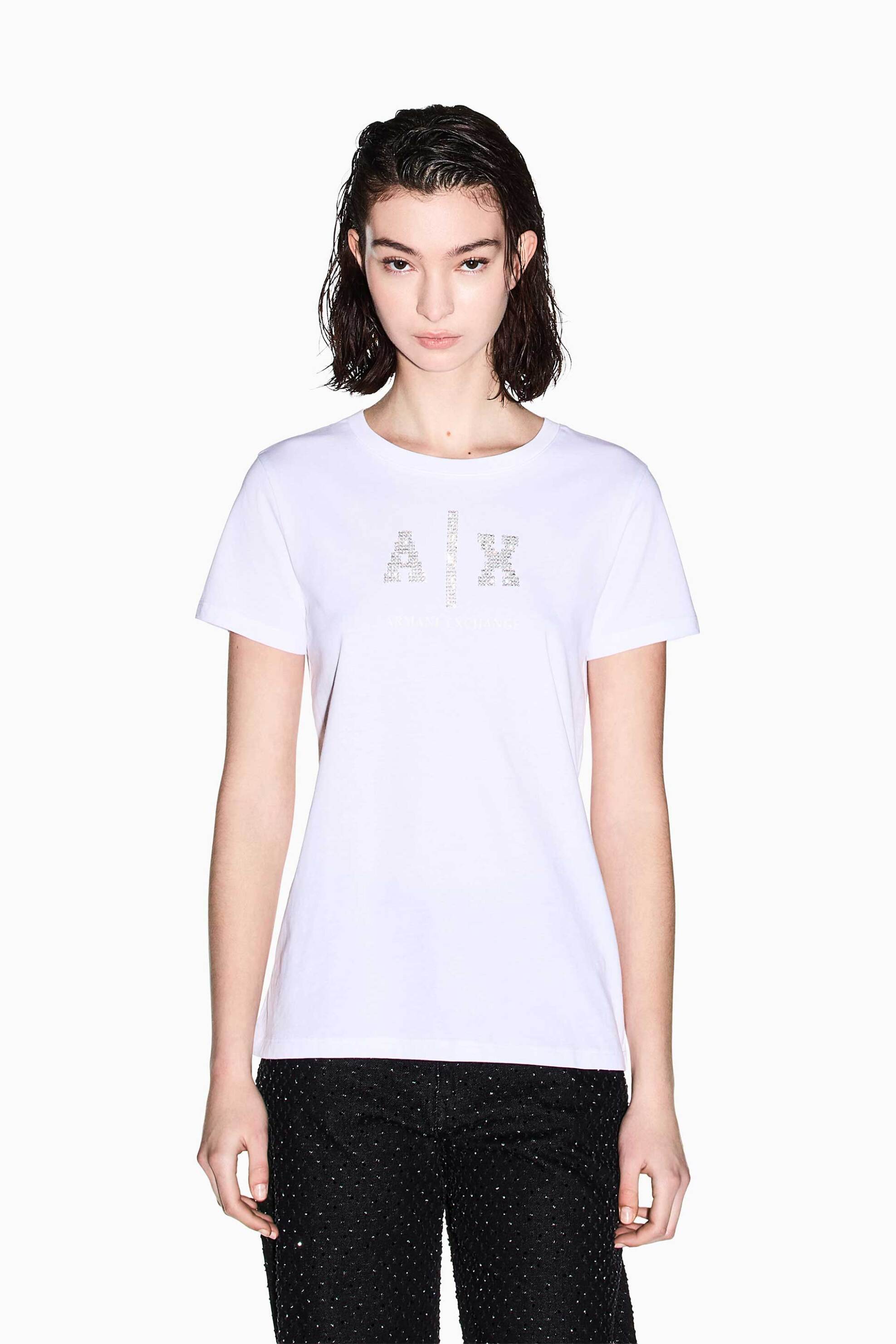 Armani Exchange γυναικείο T-shirt με monogram από στρας Regular Fit - XW002348AF10356 Λευκό