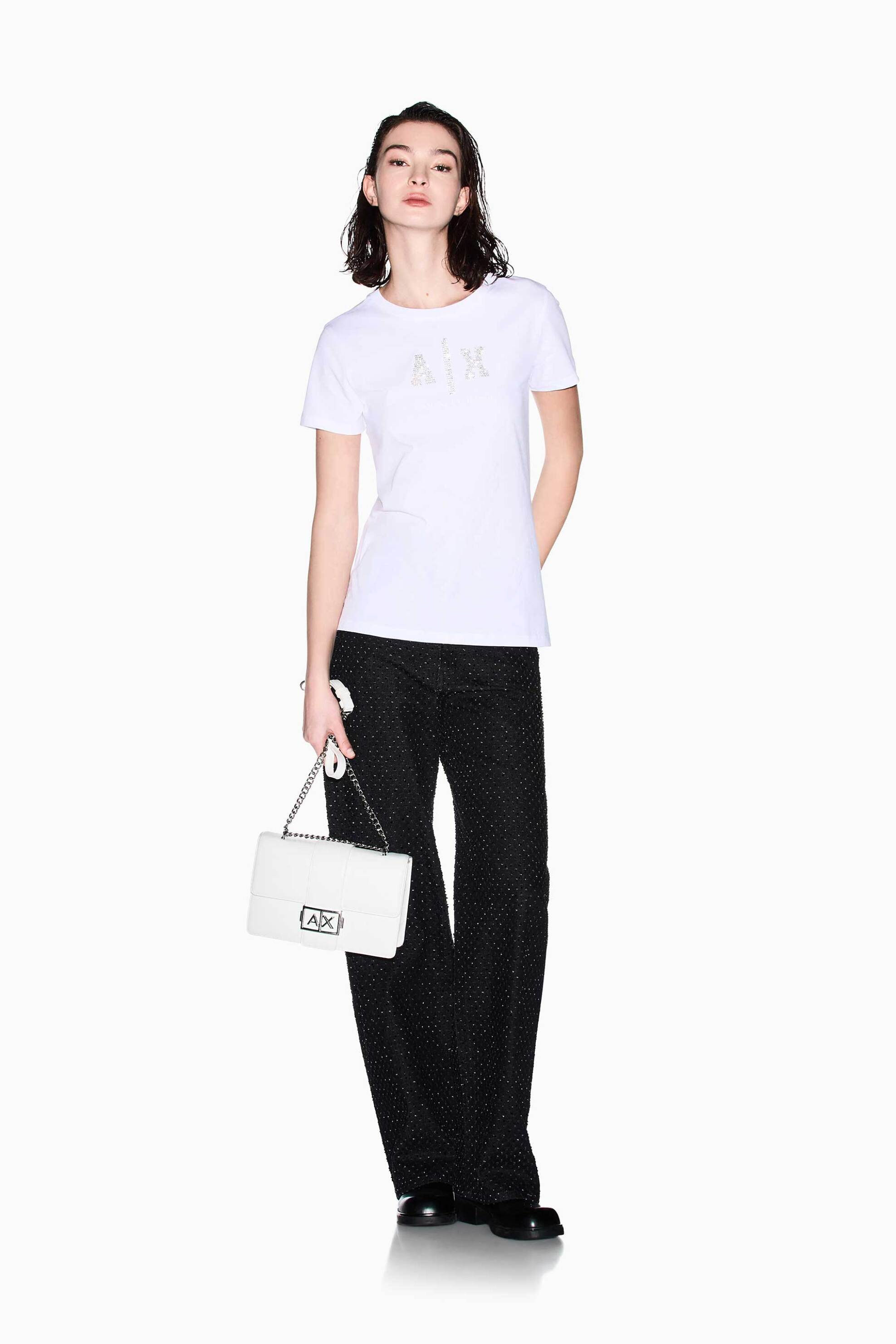 ARMANI EXCHANGE Armani Exchange γυναικείο T-shirt με monogram από στρας Regular Fit - XW002348AF10356 Λευκό - 3