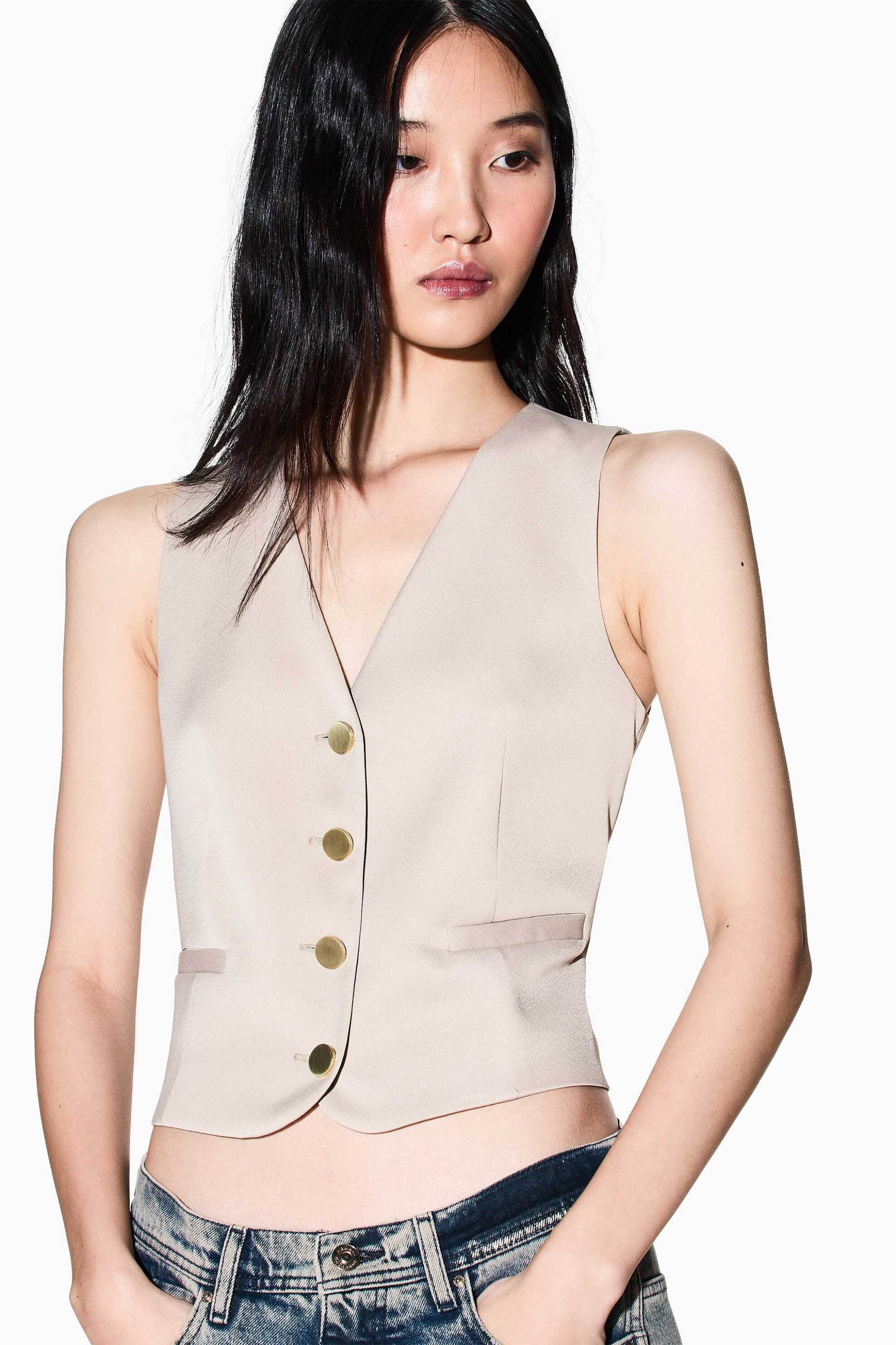 Armani Exchange γυναικείο γιλέκο με χρυσά κουμπιά - XW001954AF21553 Μπεζ φωτογραφία