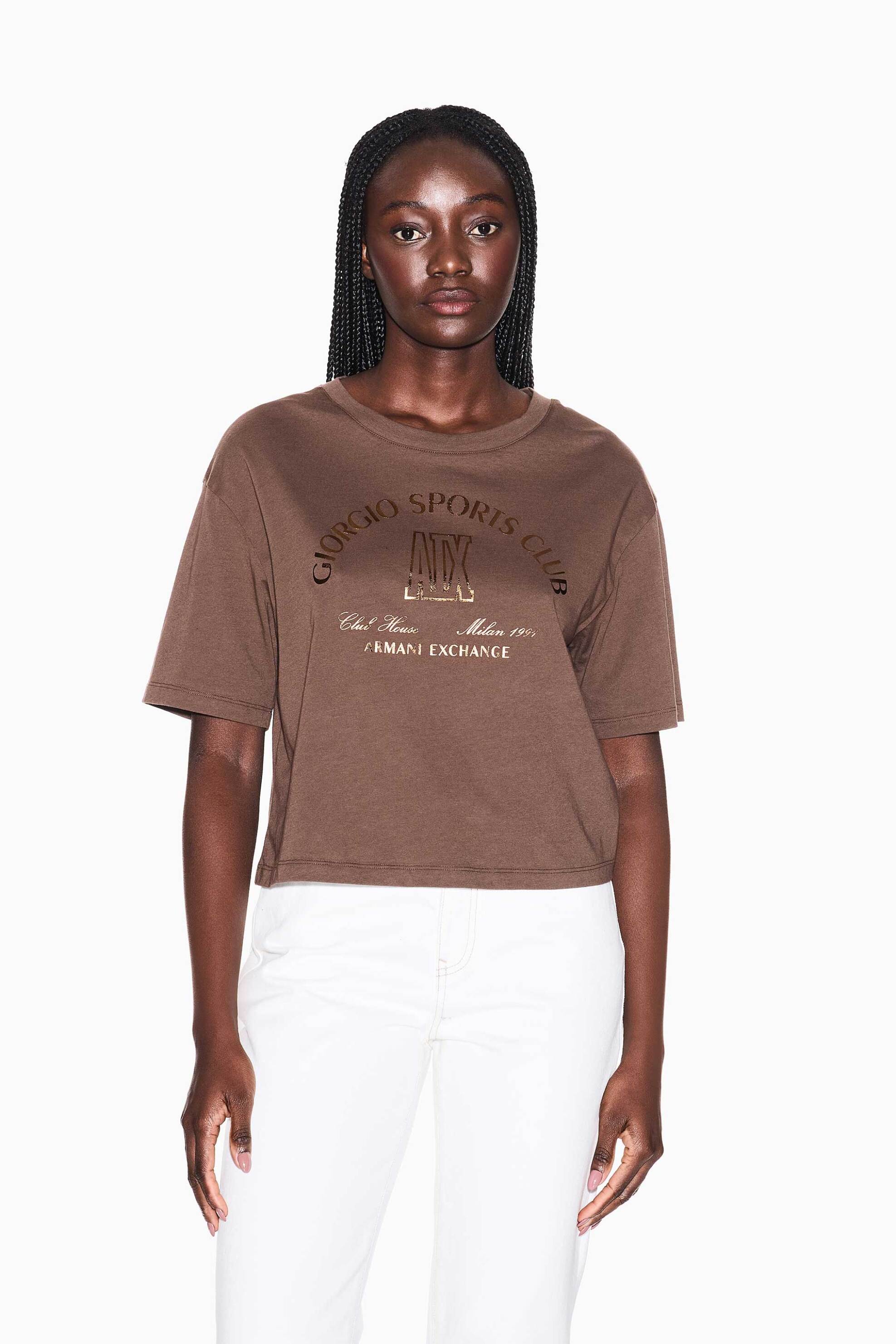 Armani Exchange γυναικείο cropped T-shirt με μεταλλιζέ lettering Regular Fit - XW002335AF10356 Καφέ