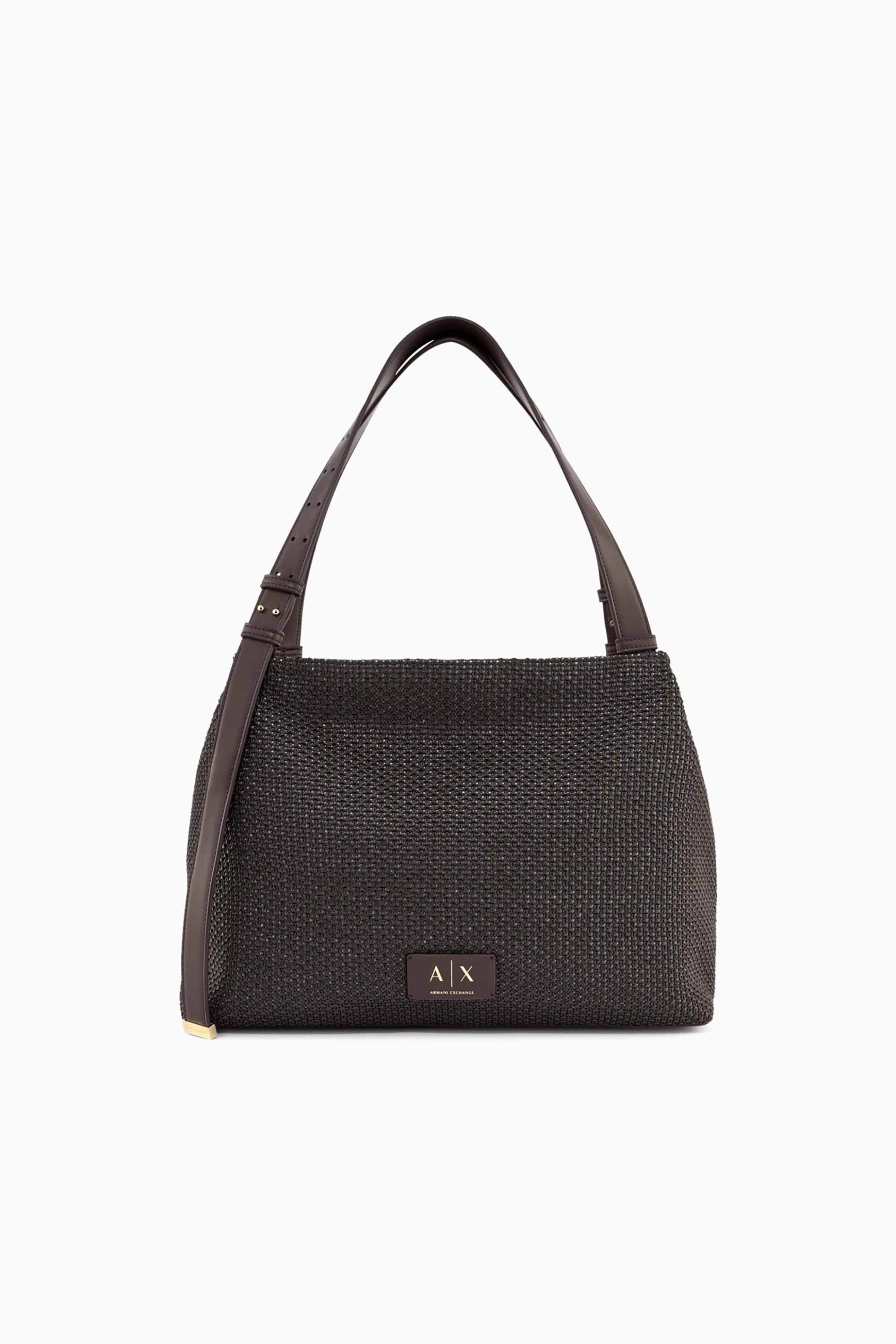 Armani Exchange γυναικεία τσάντα shopper με μεταλλικό monogram και πλεκτό σχέδιο - XW002603AF22683 Καφέ