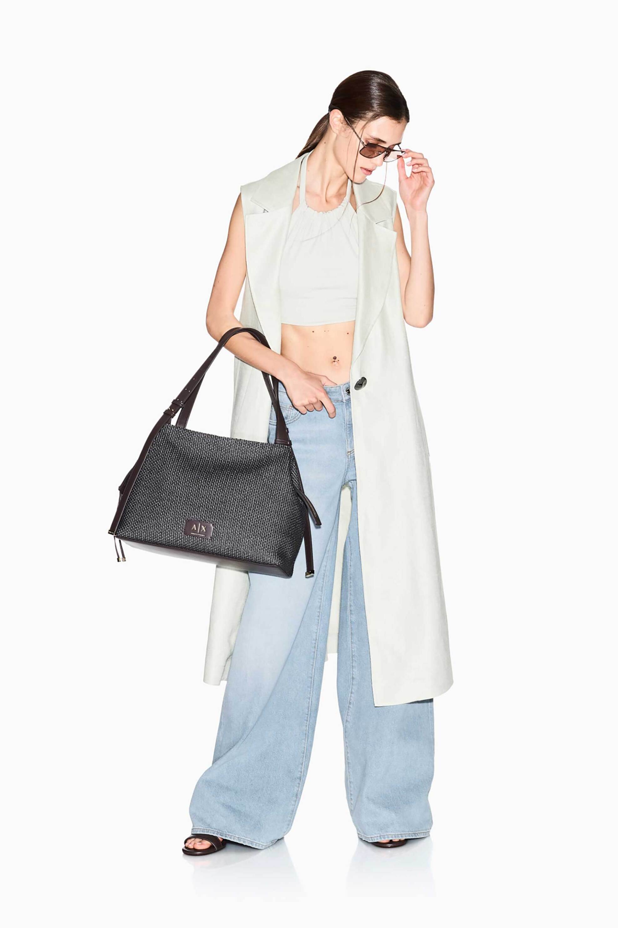 Armani Exchange Γυναικεία Τσάντα Shopper με Μεταλλικό Monogram Και Πλεκτό Σχέδιο - Xw002603Af22683 Καφέ