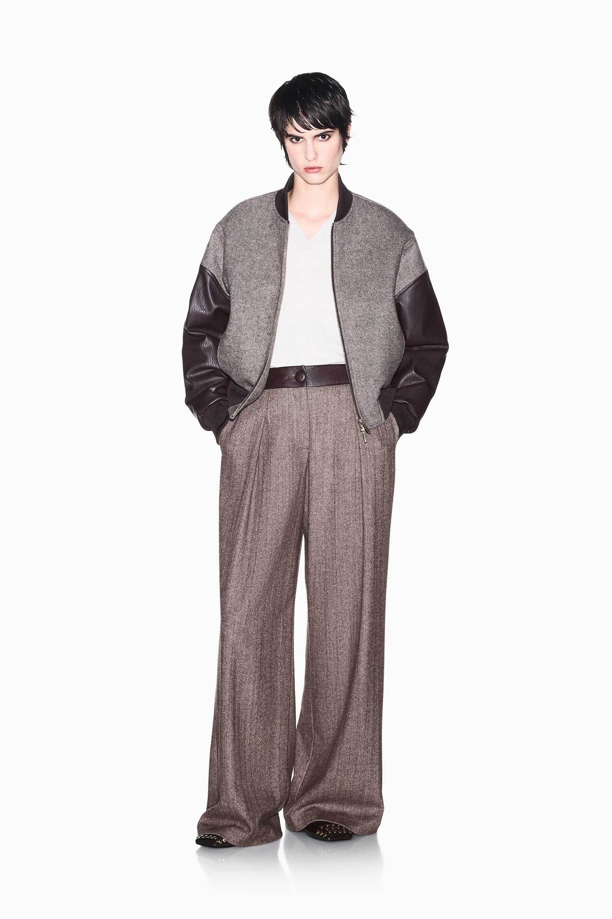 ARMANI EXCHANGE Armani Exchange γυναικείο ψηλόμεσο παντελόνι ψαροκόκκαλο με μαλλί και μετάξι Relaxed Fit - XW002479AF26078 Καφέ