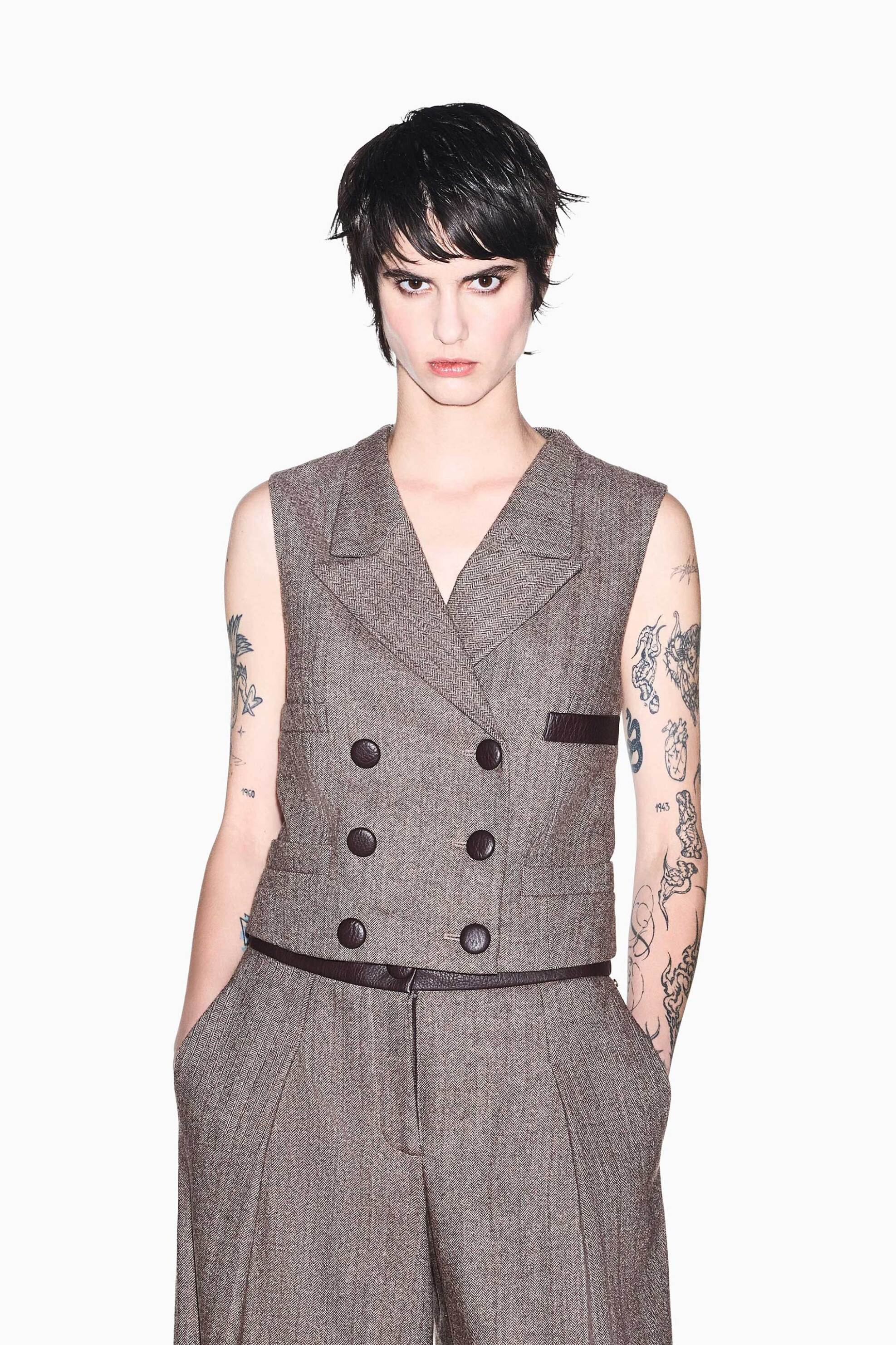 ARMANI EXCHANGE Armani Exchange γυναικείο γιλέκο ψαροκόκκαλο με μαλλί και μετάξι Regular Fit - XW002509AF26078 Καφέ