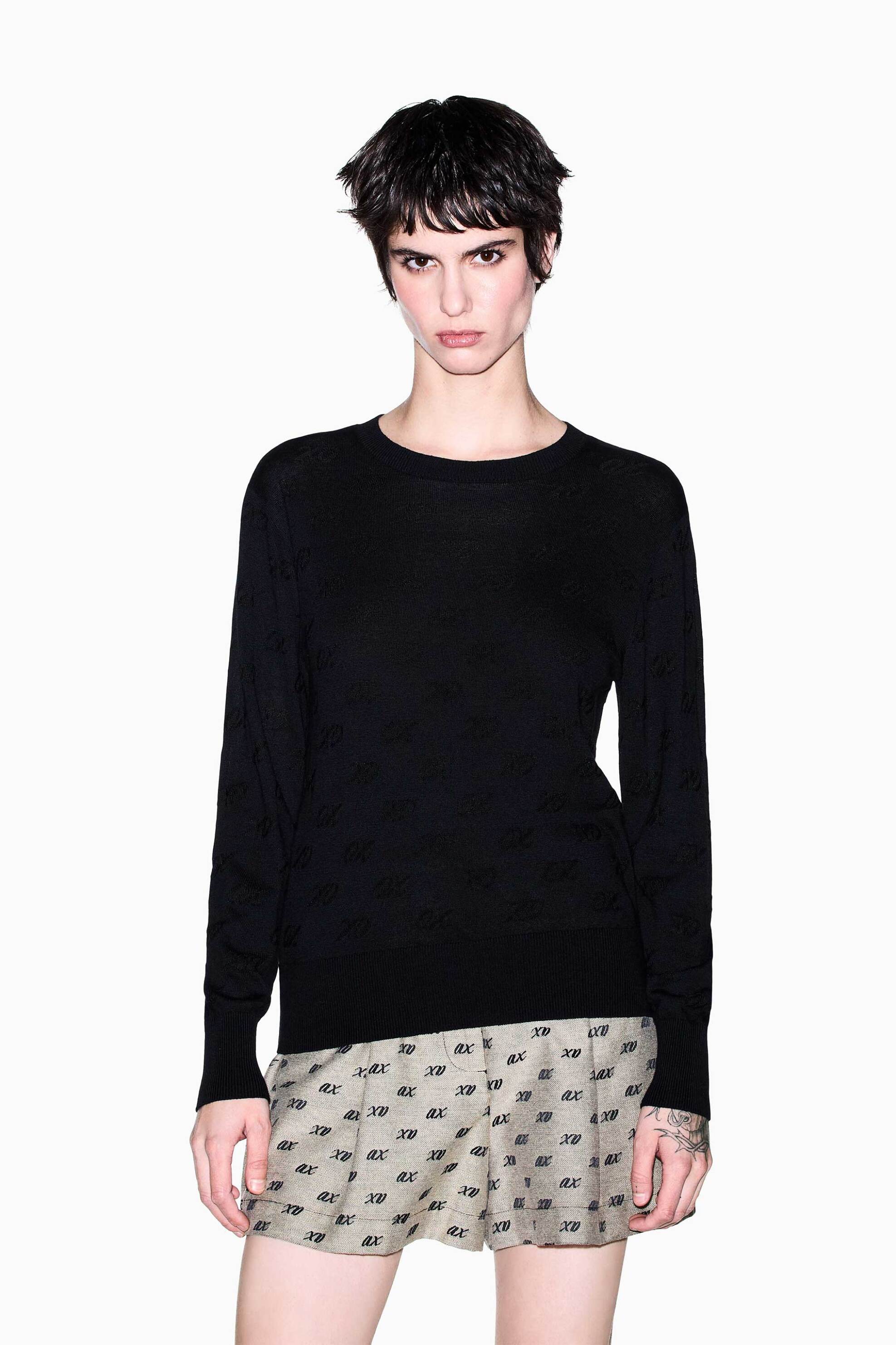 Armani Exchange γυναικείο πουλόβερ με μετάξι και all-over monogram Regular Fit - XW002875AF16620 Μαύρο
