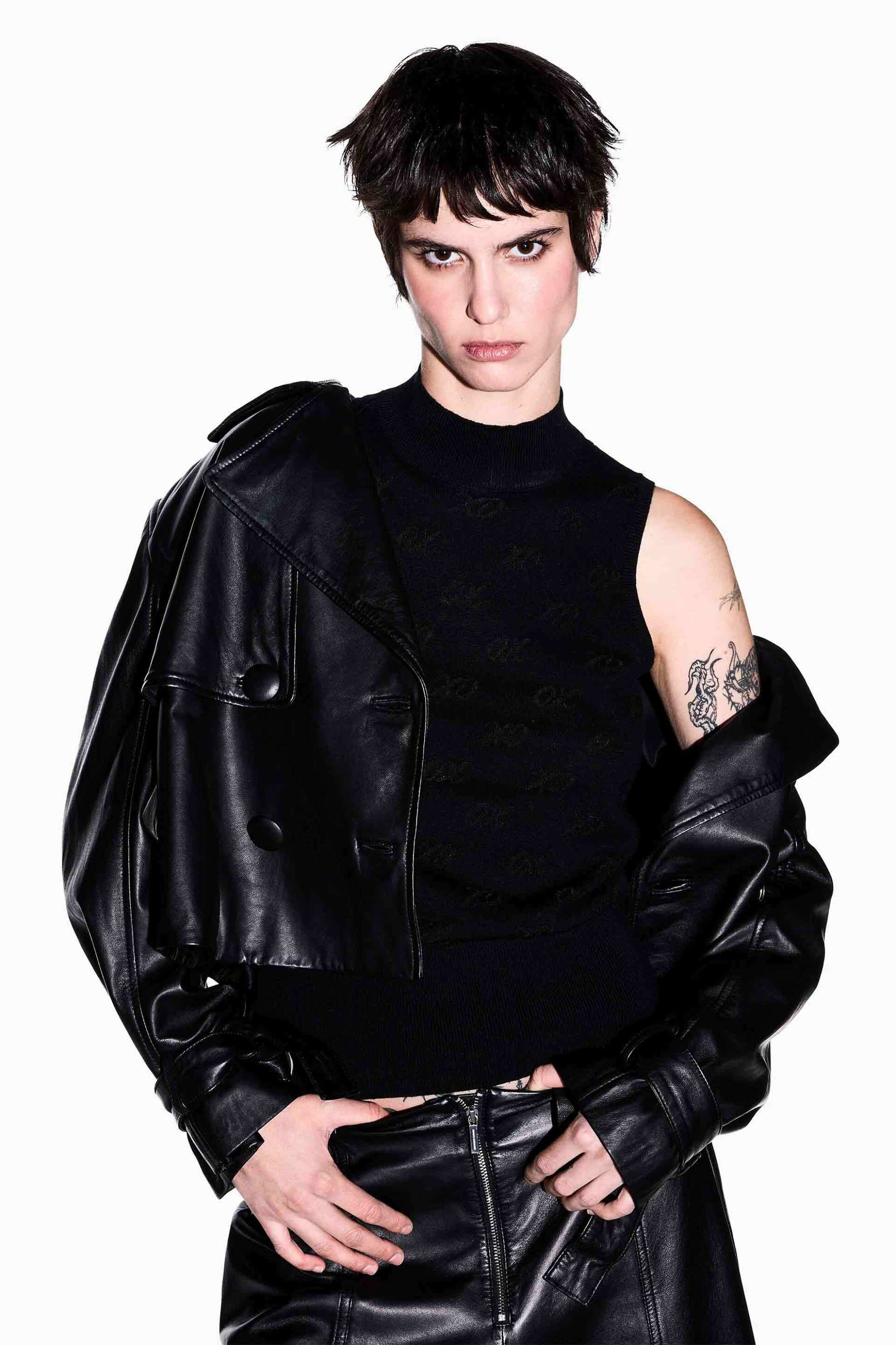 Armani Exchange γυναικεία πλεκτή αμάνικη μπλούζα με μετάξι και all-over monogram Regular Fit - XW002876AF16620 Μαύρο