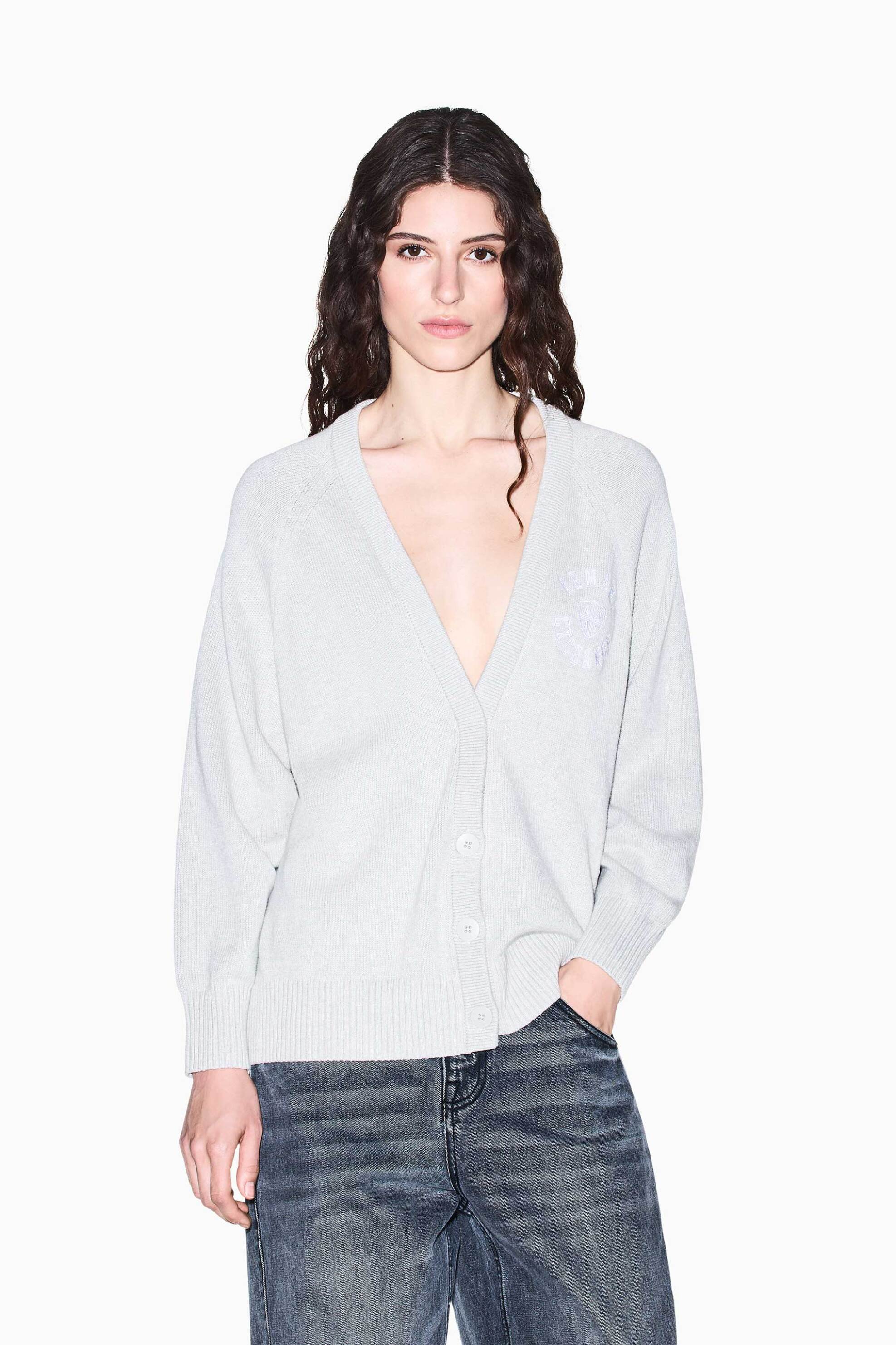 ARMANI EXCHANGE Armani Exchange γυναικεία πλεκτή ζακέτα με V και λογότυπο Regular Fit - XW002878AF16552 Γκρι Ανοιχτό