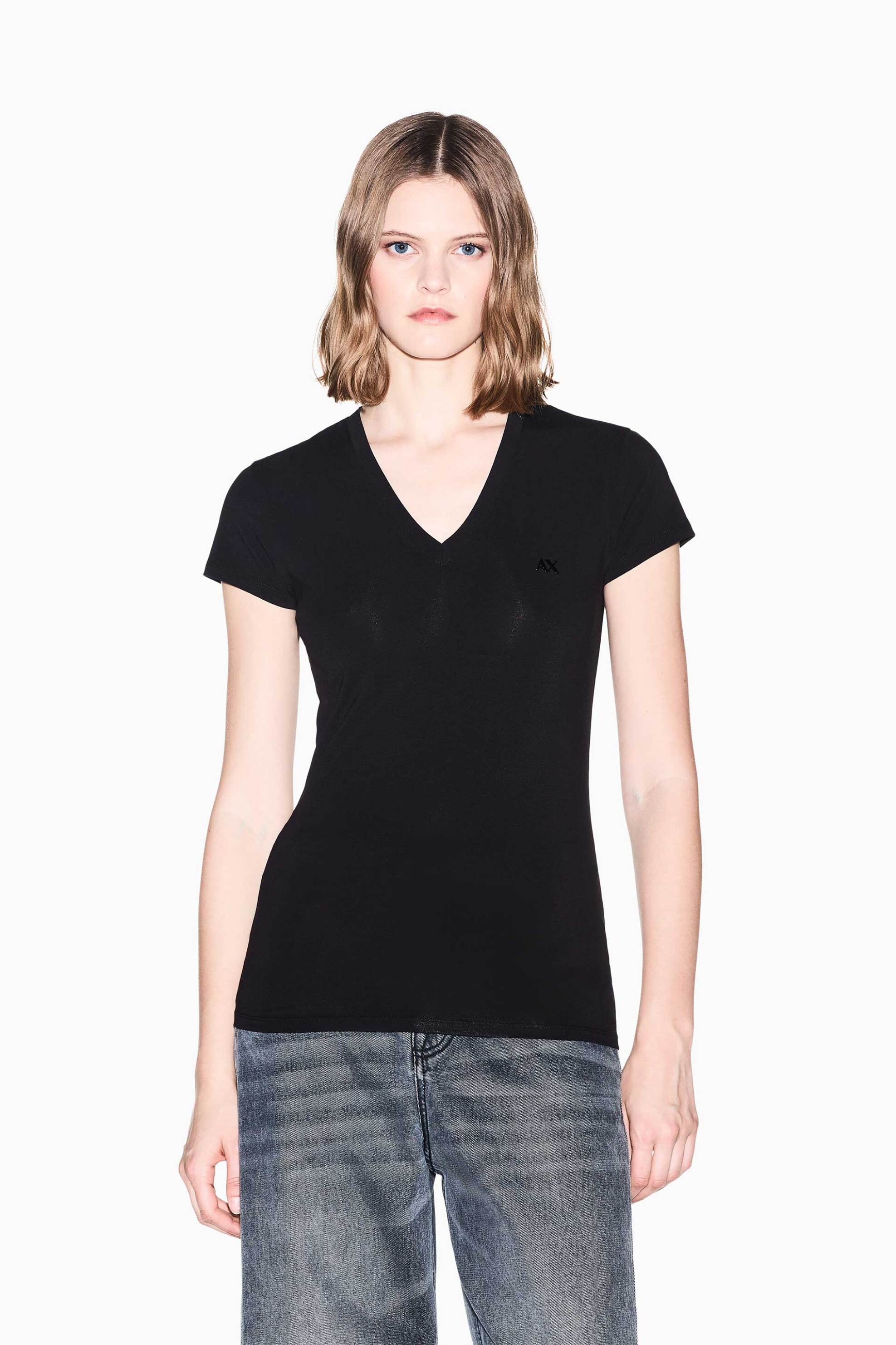Armani Exchange γυναικείο T-shirt με V και monogram Slim Fit - XW002971AF16294 Μαύρο