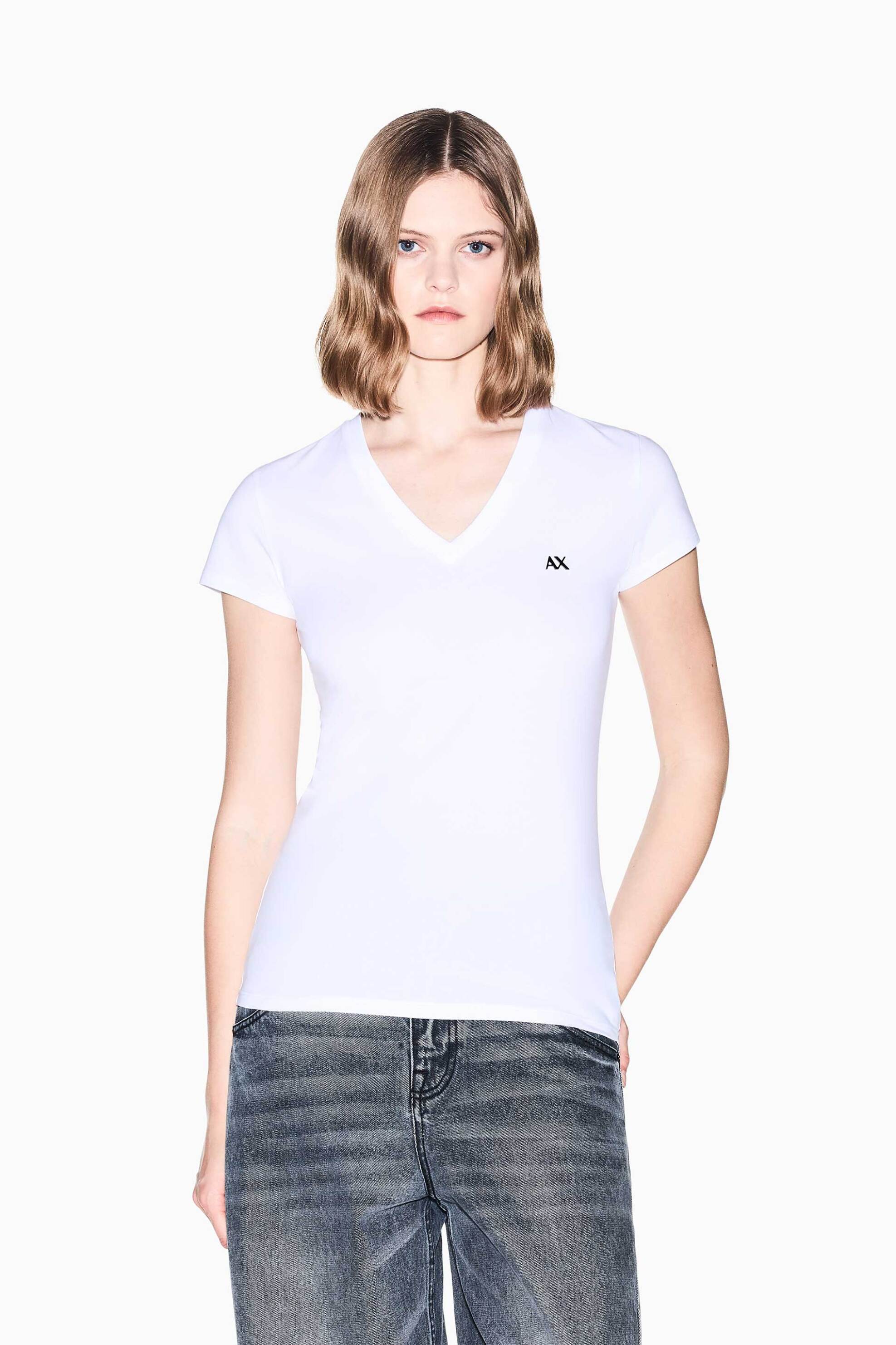 Armani Exchange γυναικείο T-shirt με V και monogram Slim Fit - XW002971AF16294 Λευκό