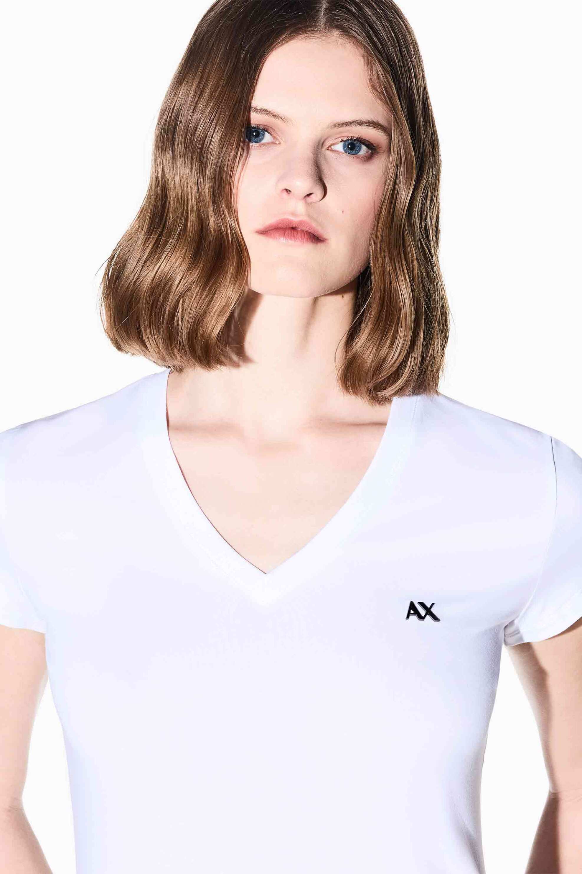 Armani Exchange γυναικείο T-shirt με V και monogram Slim Fit - XW002971AF16294 Λευκό