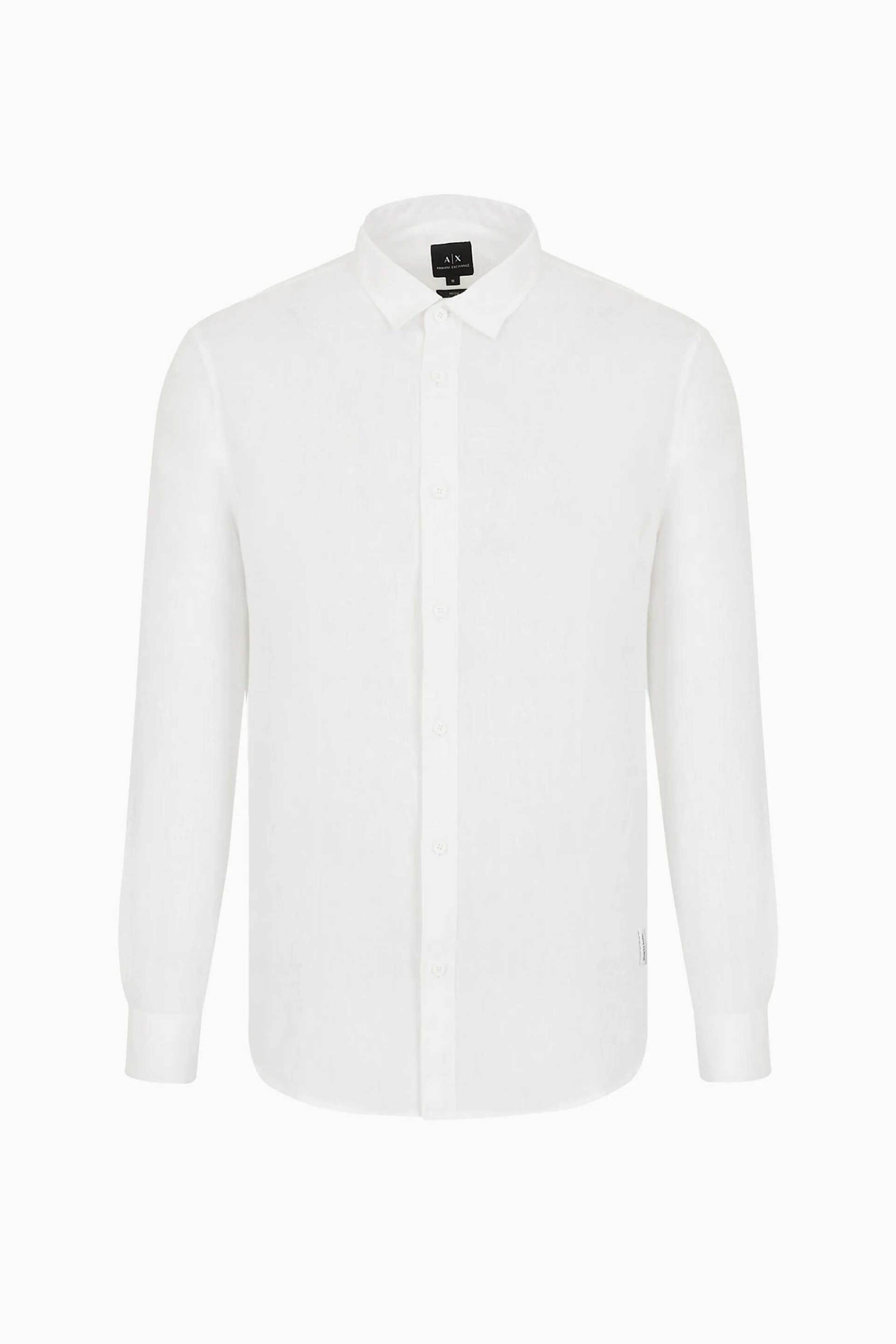 Armani Exchange Ανδρικό Λινό Πουκάμισο με Κεντημένο Λογότυπο Regular Fit - 8Nzc50Zncfz Λευκό