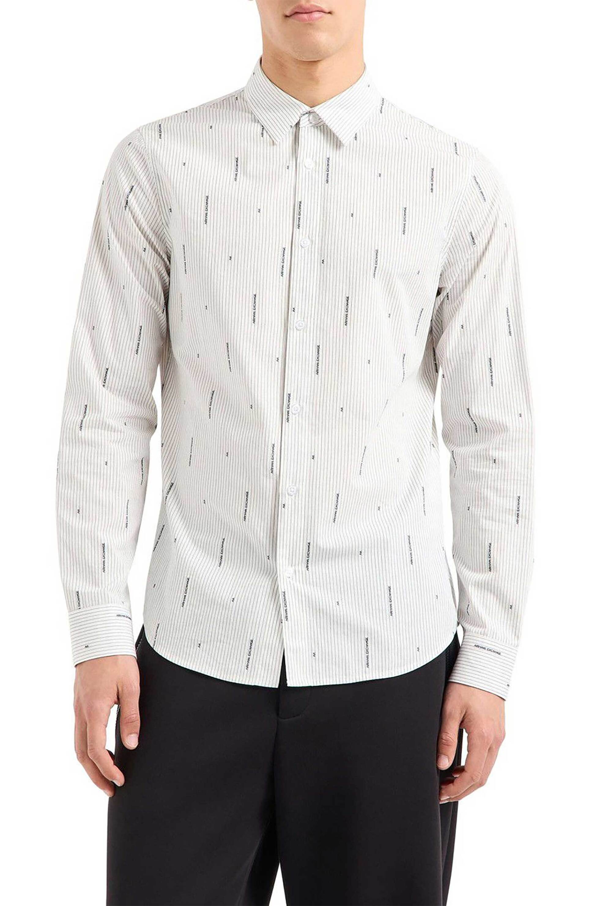Armani Exchange ανδρικό πουκάμισο με ριγέ σχέδιο και all-over logo print - 6DZC06ZN5DZ Λευκό
