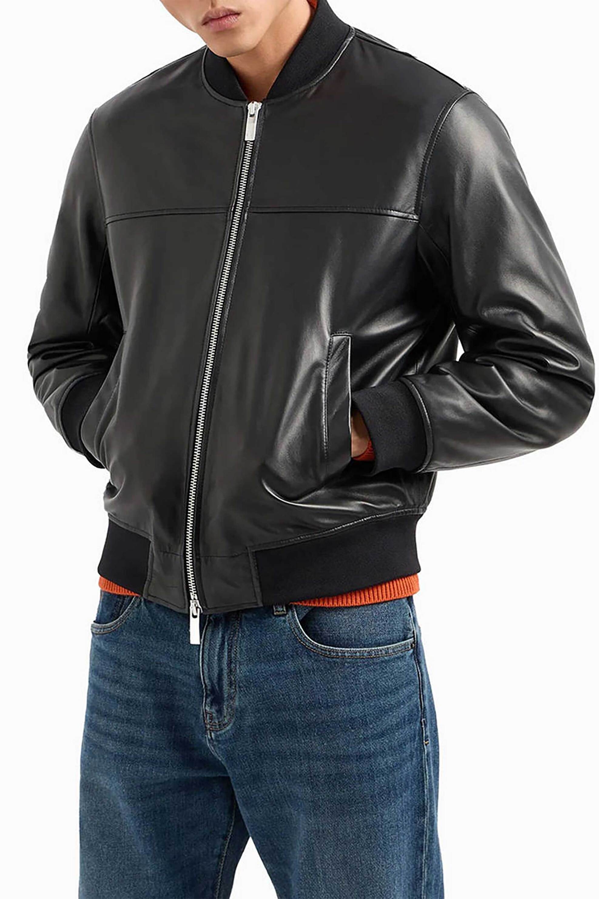 ARMANI EXCHANGE Armani Exchange ανδρικό δερμάτινο μπουφάν bomber με τσέπες Regular Fit - XM000104AF10500 Μαύρο