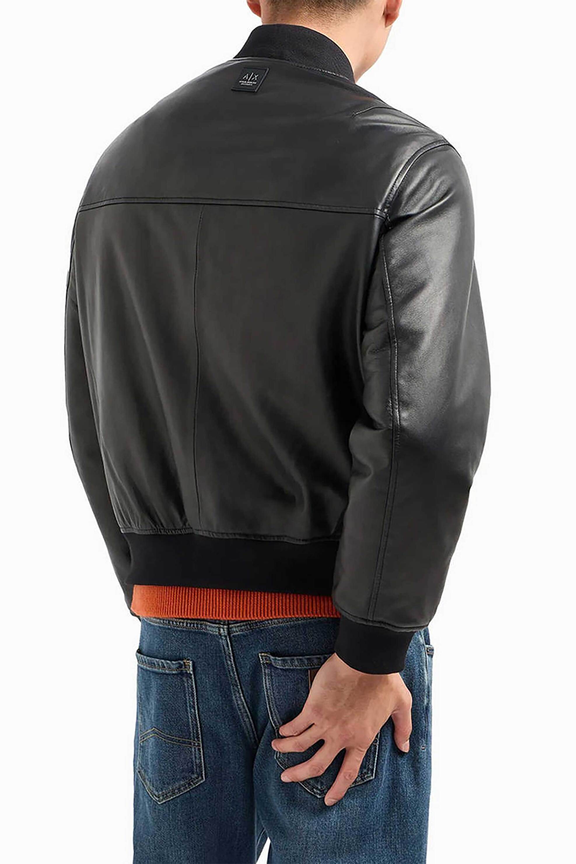 Armani Exchange ανδρικό δερμάτινο μπουφάν bomber με τσέπες Regular Fit - XM000104AF10500 Μαύρο φωτογραφία