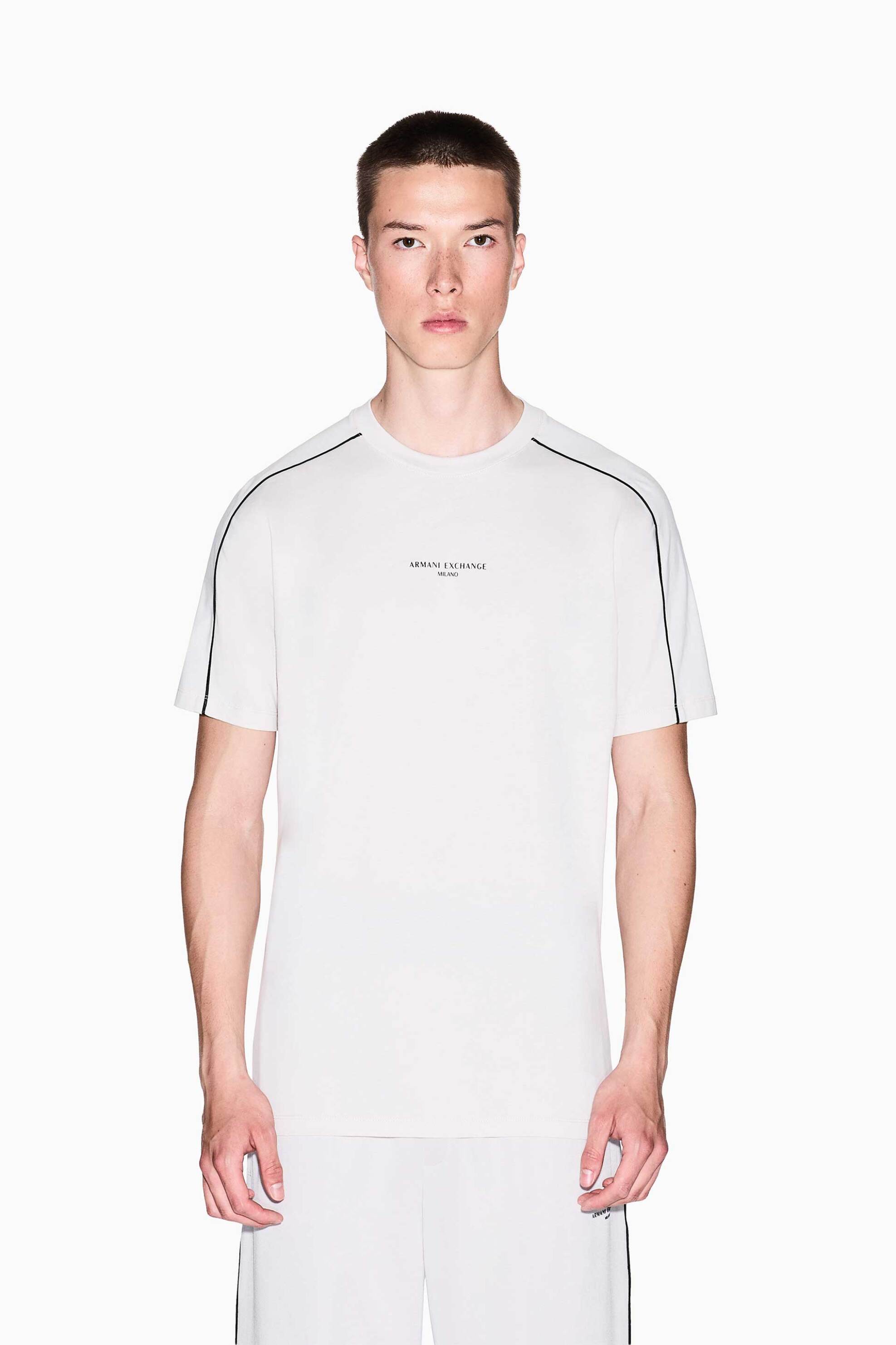Armani Exchange ανδρικό T-shrt με λογότυπο και contrast ρίγα Regular Fit - XM001360AF10358 Λευκό