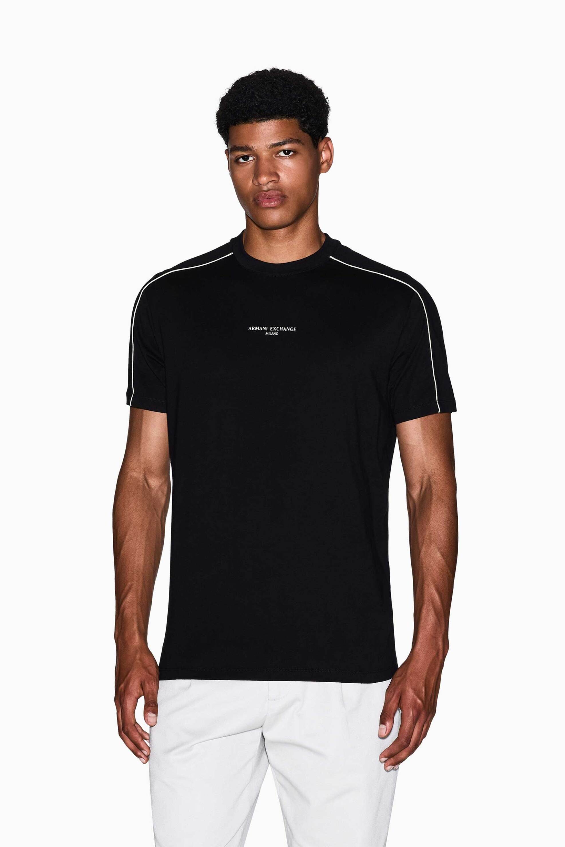 Armani Exchange ανδρικό T-shrt με λογότυπο και contrast ρίγα Regular Fit - XM001360AF10358 Μαύρο