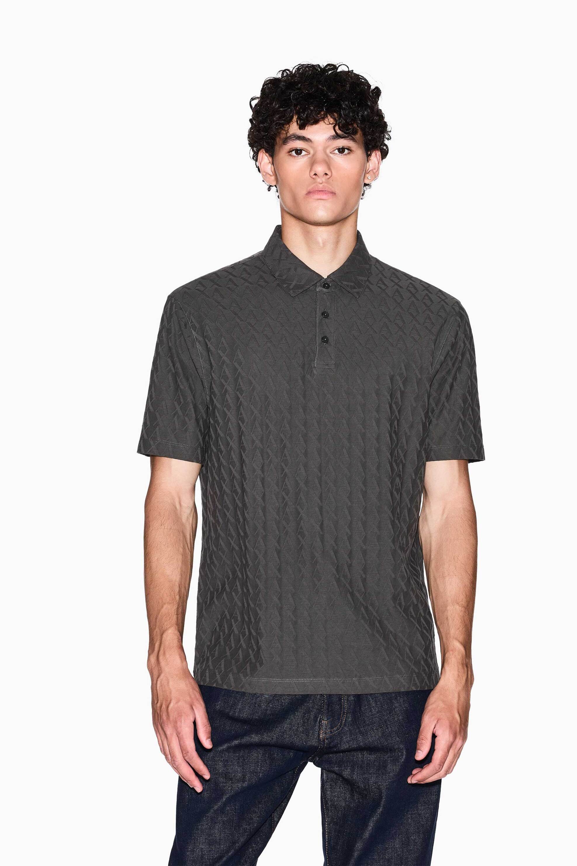 Armani Exchange ανδρική μπλούζα πόλο με all-over monogram pattern Regular Fit - XM001292AF10337 Γκρι Σκούρο