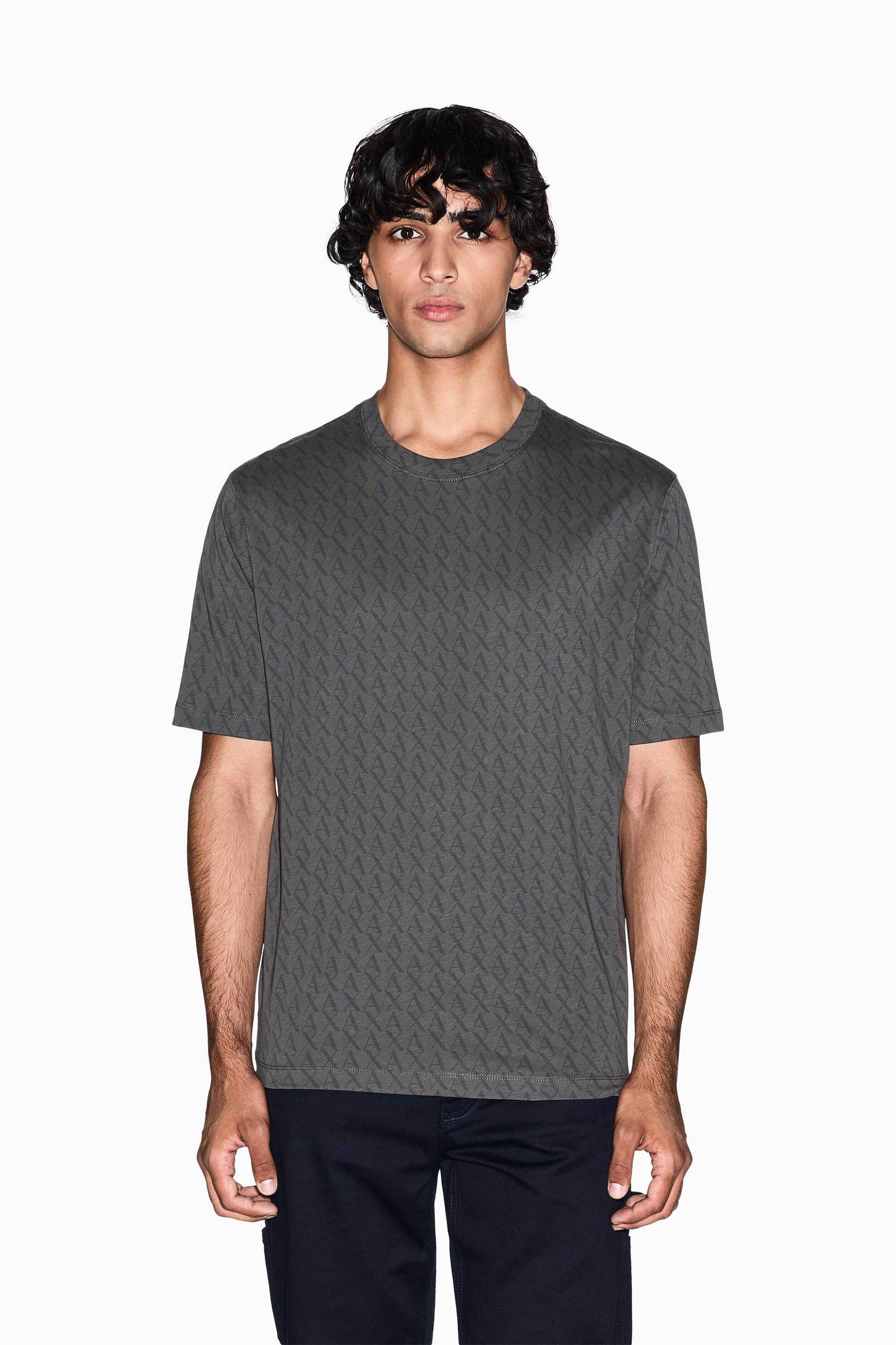 Armani Exchange ανδρικό T-shirt με all-over monogram pattern Regular Fit - XM001228AF10356 Γκρι Σκούρο