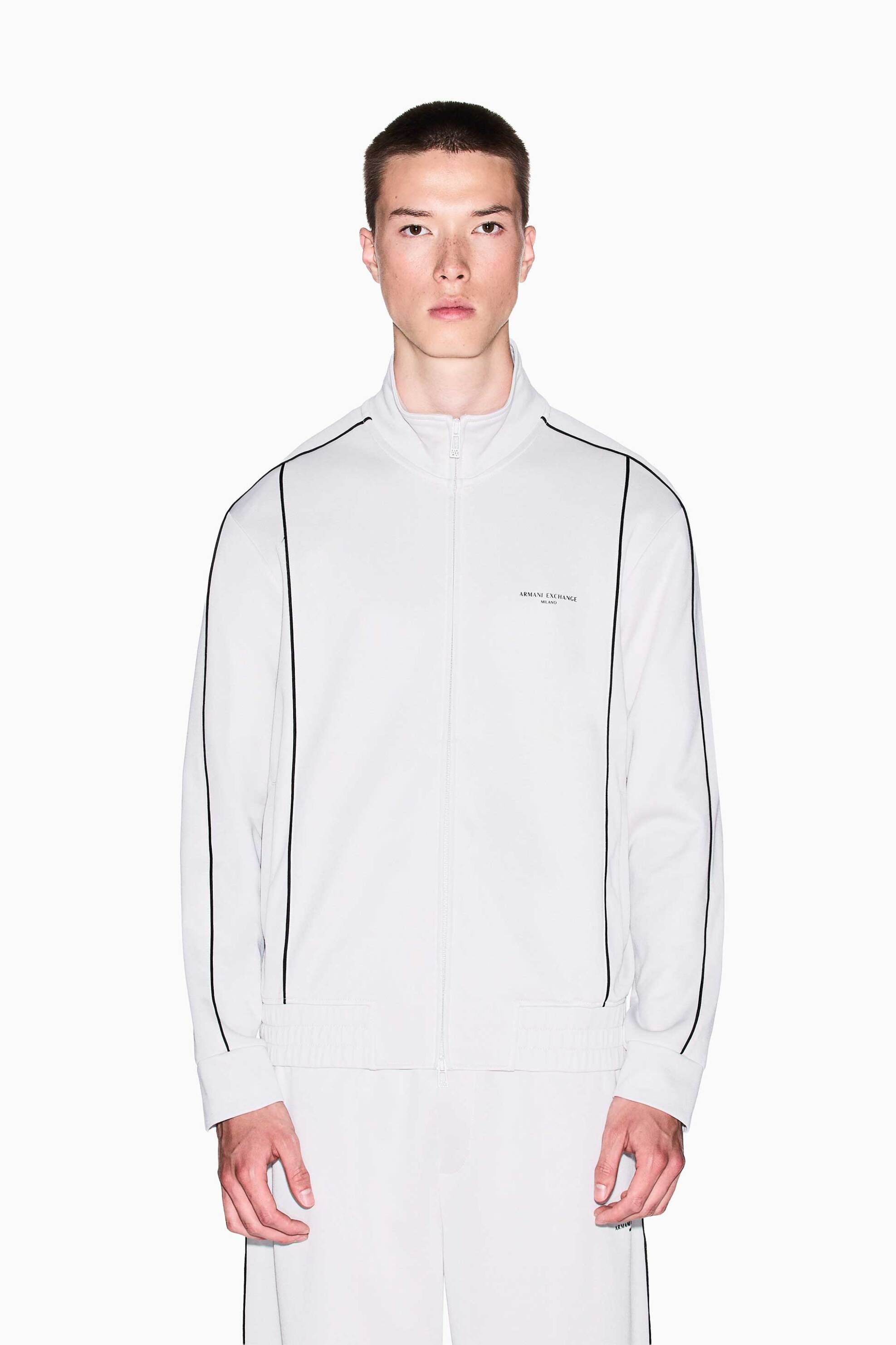 Armani Exchange ανδρική ζακέτα φούτερ με λογότυπο και contrast ρίγα Regular Fit - XM001357AF16278 Λευκό