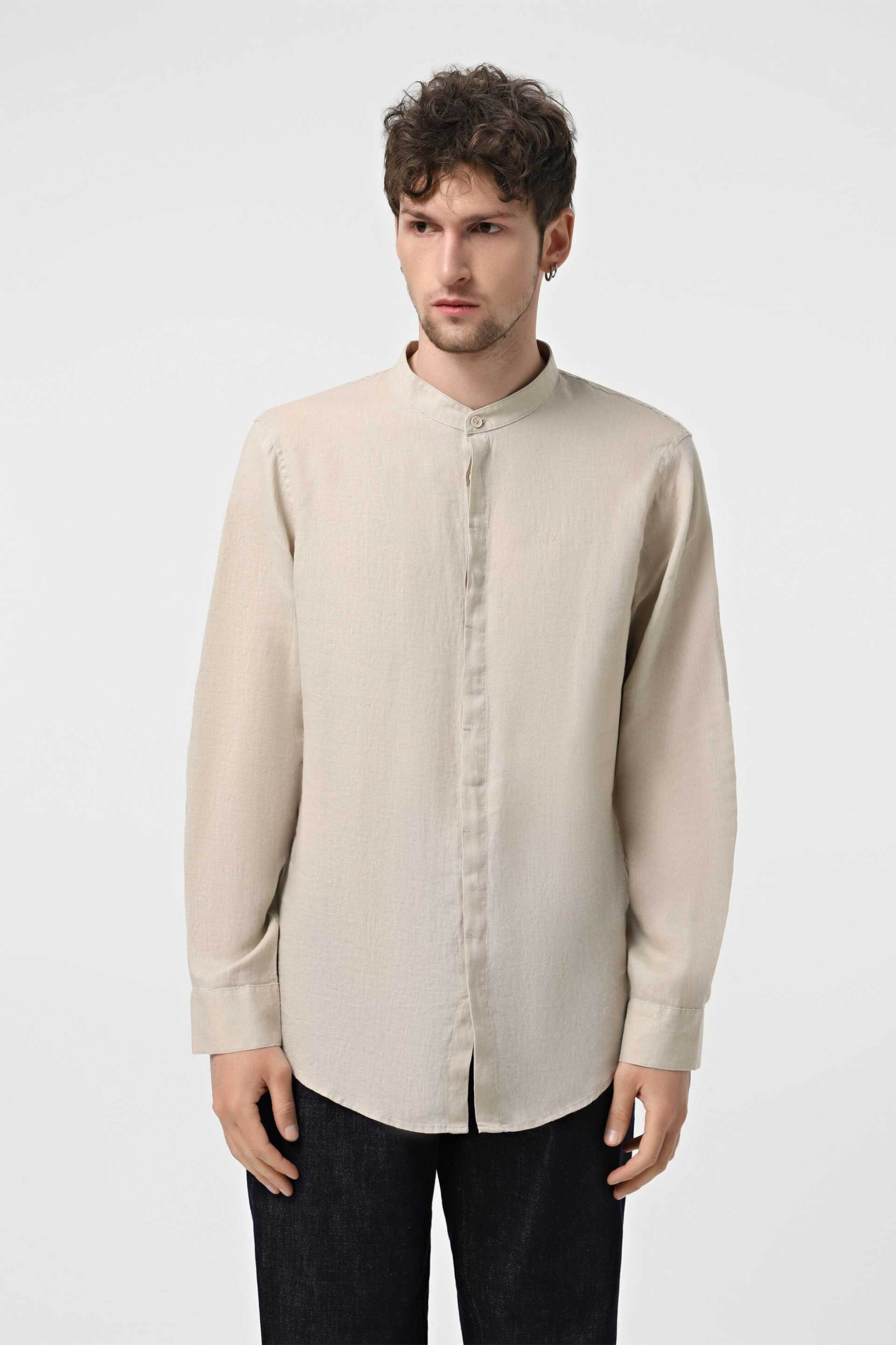 Armani Exchange ανδρικό λινό πουκάμισο με μάο γιακά - XM001222AF14619 Μπεζ