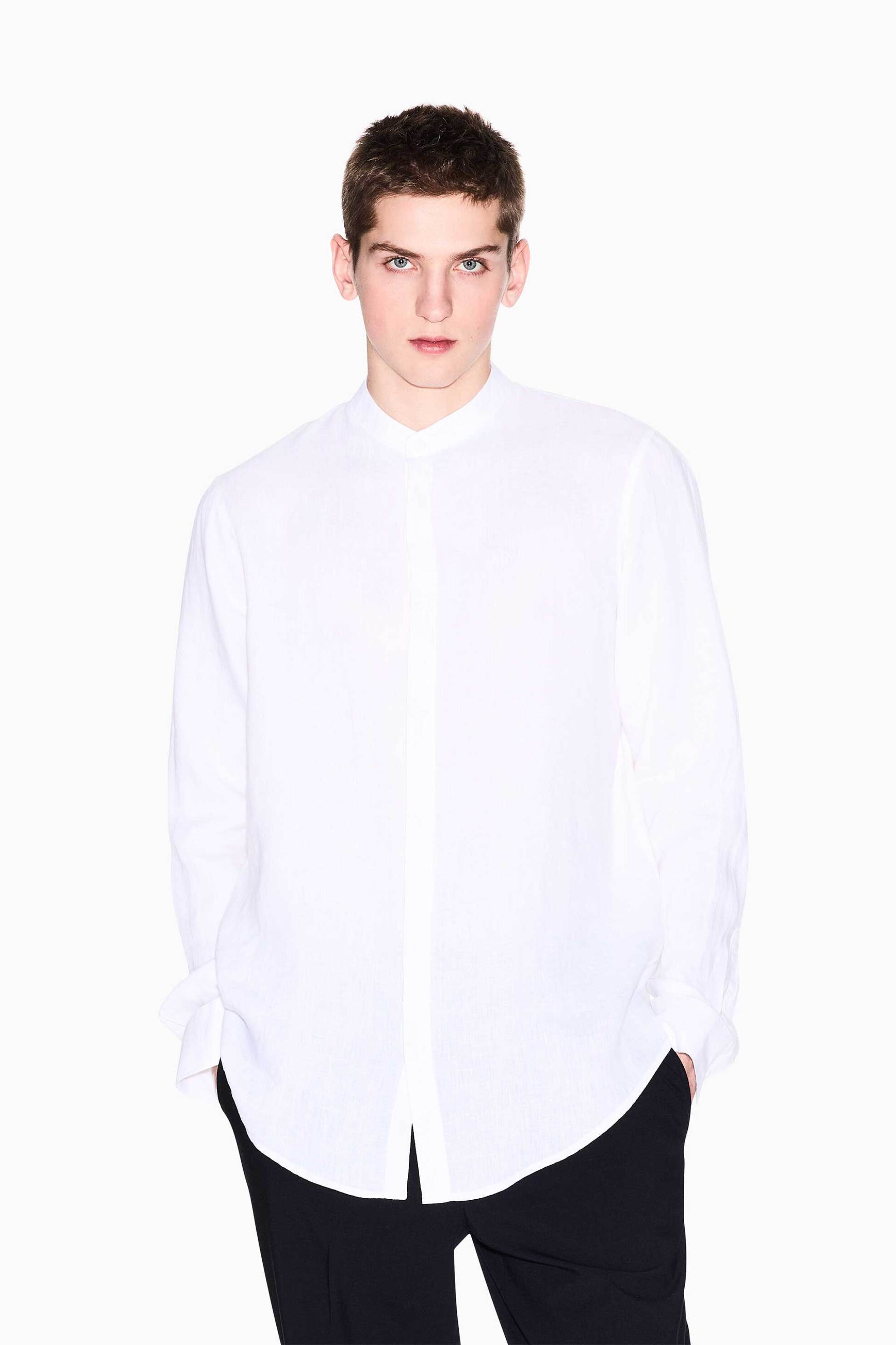 Armani Exchange ανδρικό λινό πουκάμισο με μάο γιακά - XM001222AF14619 Λευκό