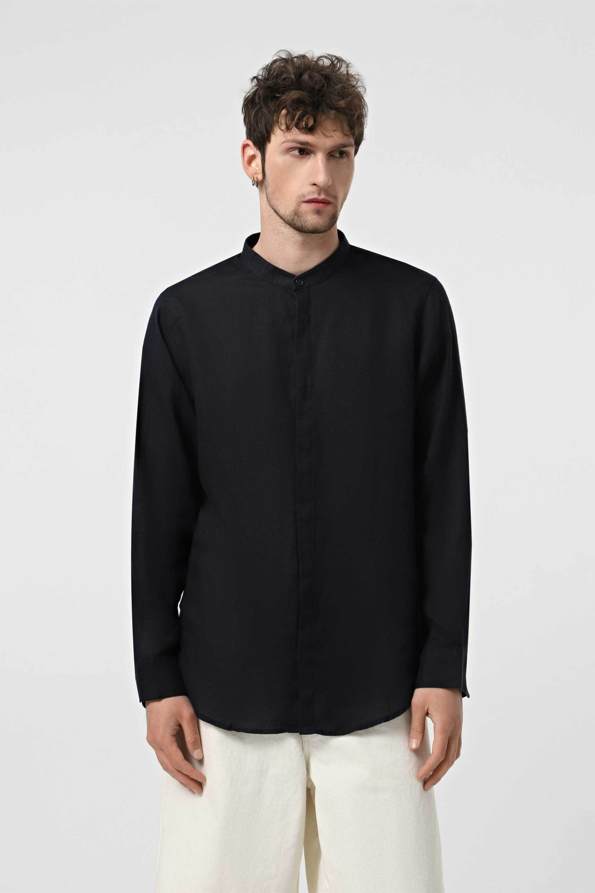 Armani Exchange ανδρικό λινό πουκάμισο με μάο γιακά - XM001222AF14619 Σκούρο Μπλε