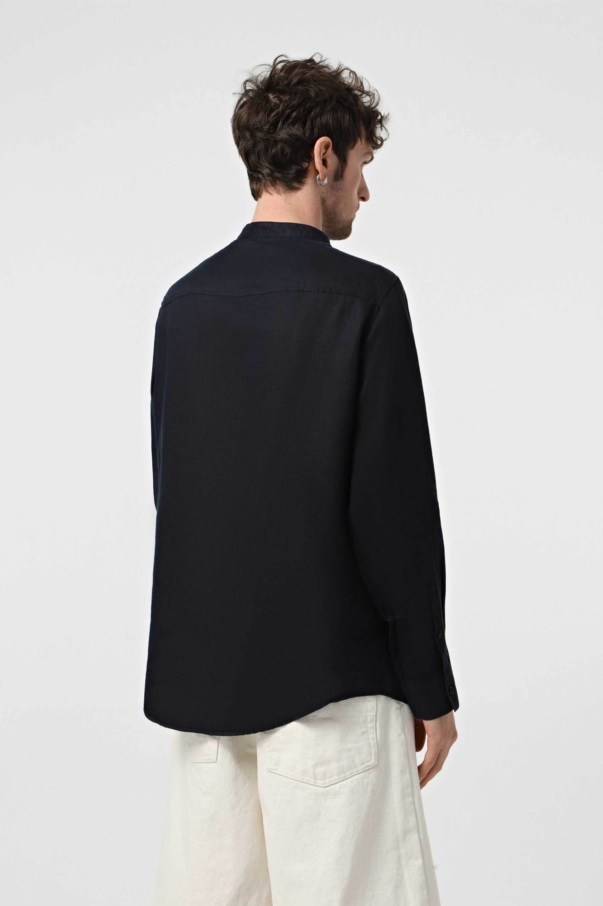 Armani Exchange Ανδρικό Λινό Πουκάμισο με Μάο Γιακά - Xm001222Af14619 Σκούρο Μπλε