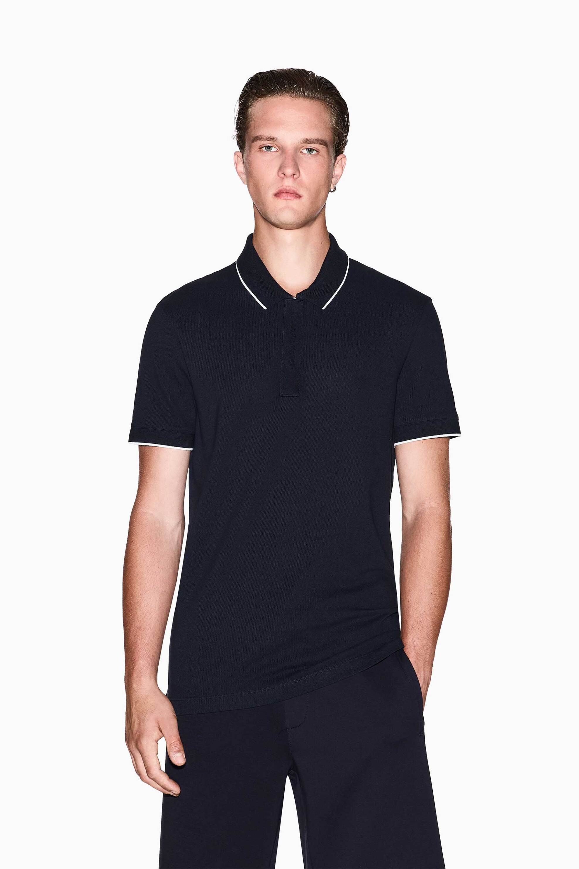 Armani Exchange ανδρική κοντομάνικη μπλούζα πόλο πικέ με λογότυπο στην πατιλέτα Slim Fit - XM001285AF10366 Σκούρο Μπλε