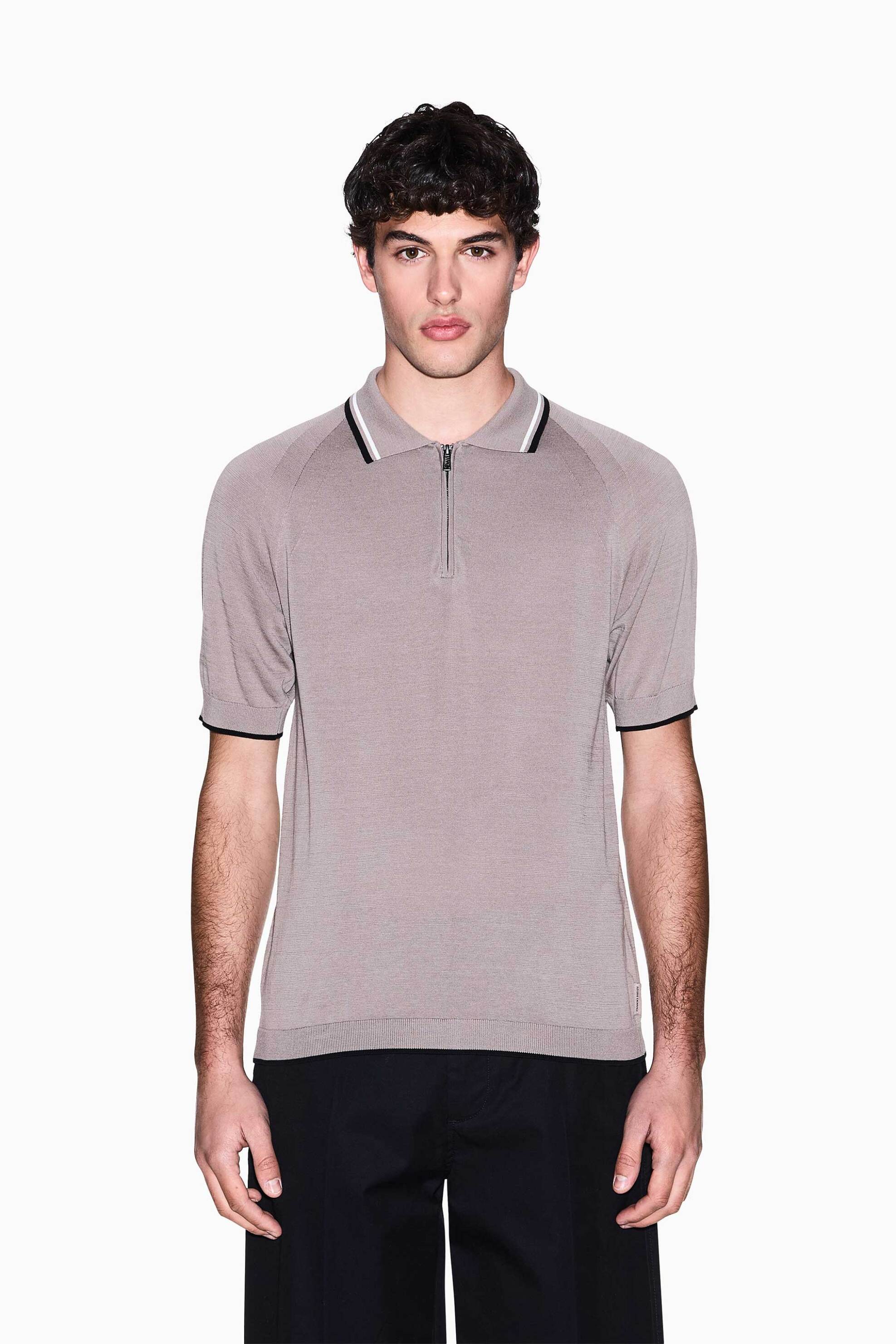 Armani Exchange ανδρική πλεκτή μπλούζα πόλο με φερμουάρ Regular Fit - XM001977AF20139 Μπεζ