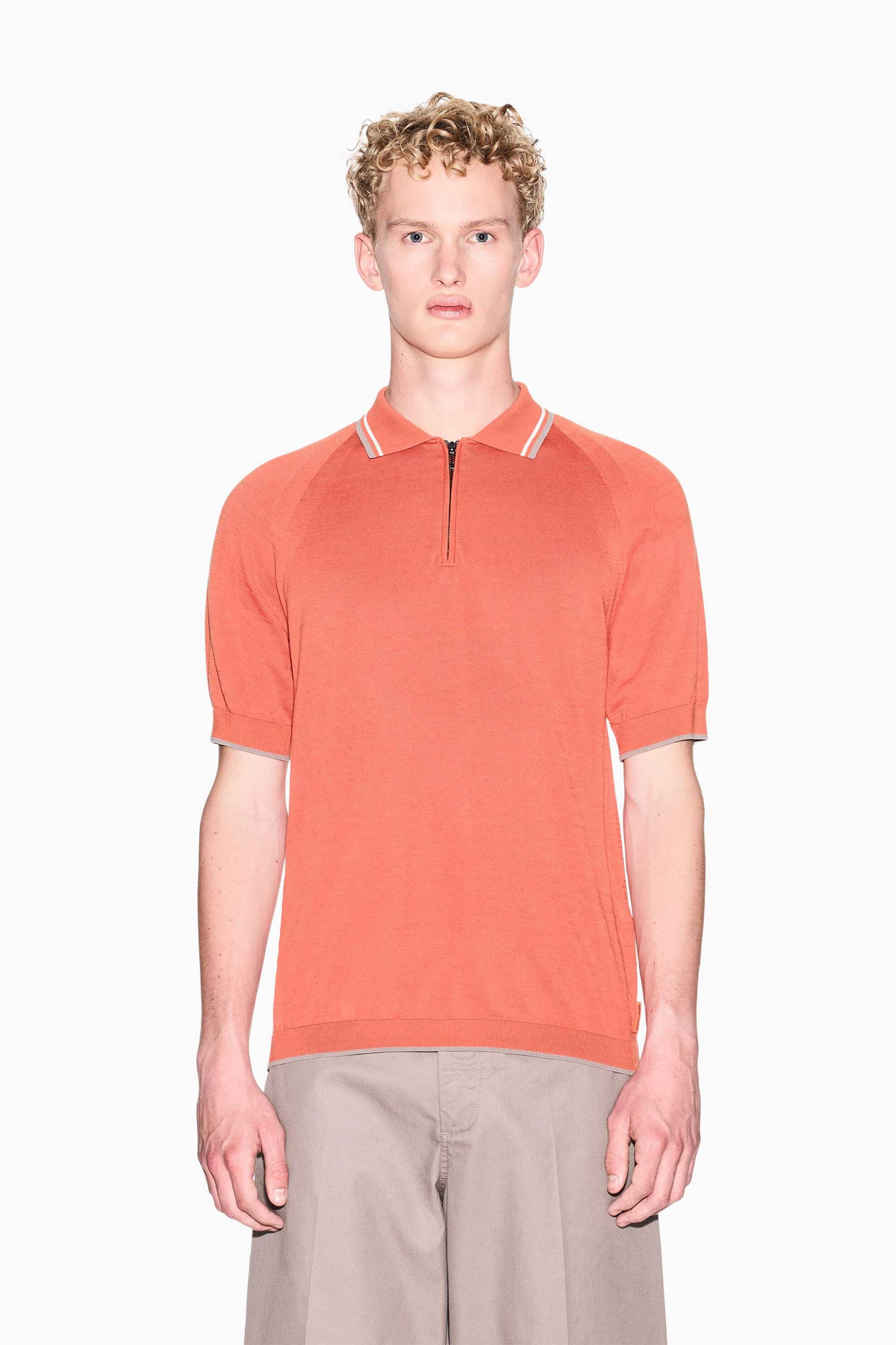 Armani Exchange ανδρική πλεκτή μπλούζα πόλο με φερμουάρ Regular Fit - XM001977AF20139 Πορτοκαλί