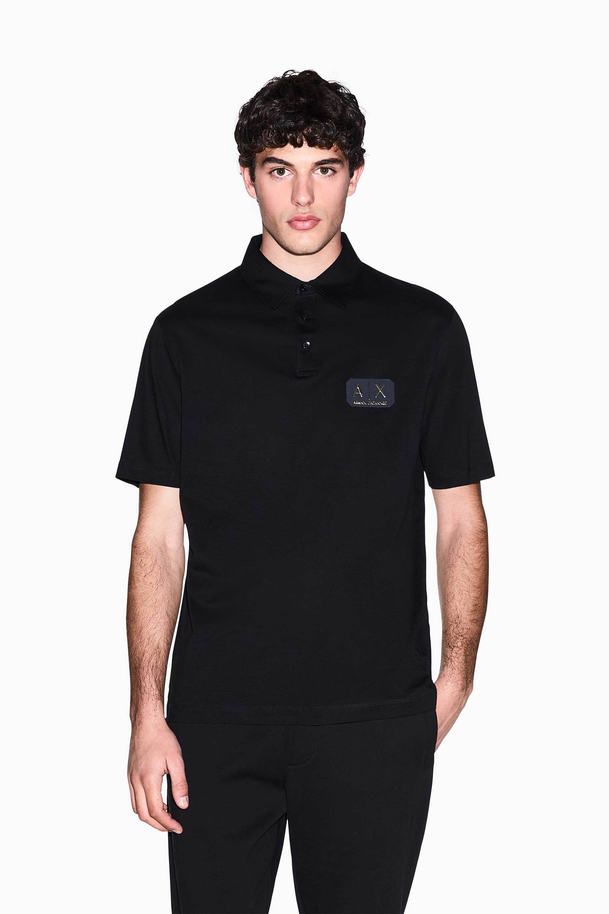 Armani Exchange ανδρική κοντομάνικη μπλούζα πόλο με ανάγλυφο monogram patch Regular Fit - XM002232AF10364 Μαύρο