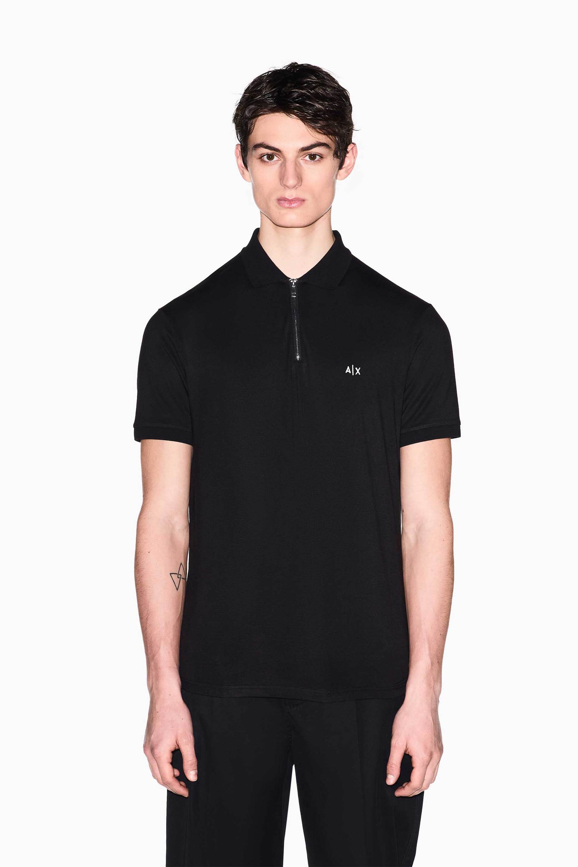 Armani Exchange ανδρική κοντομάνικη μπλούζα πόλο με φερμουάρ και κεντημένο monogram Regular Fit - XM002372AF21936 Μαύρο