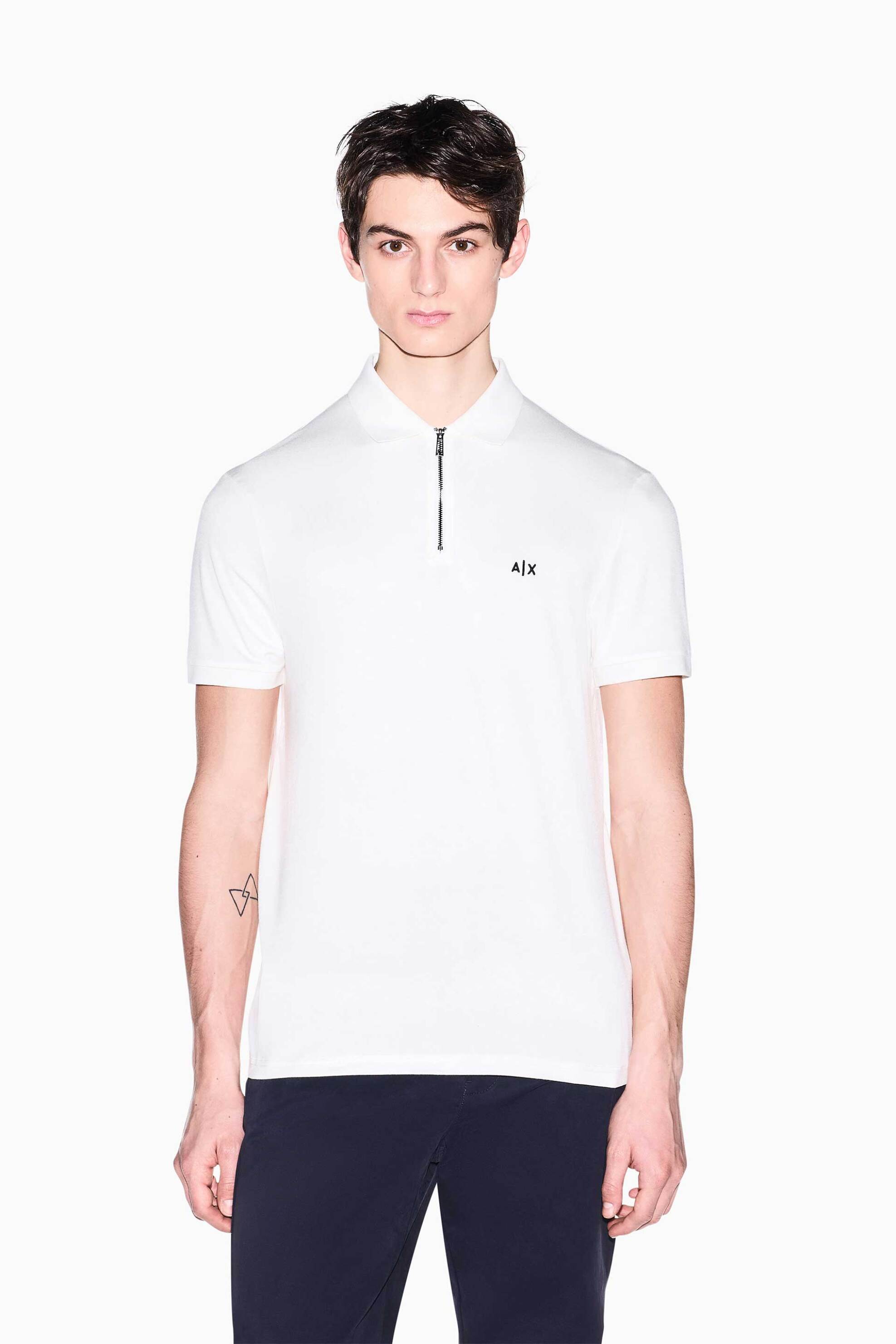 Armani Exchange ανδρική κοντομάνικη μπλούζα πόλο με φερμουάρ και κεντημένο monogram Regular Fit - XM002372AF21936 Λευκό
