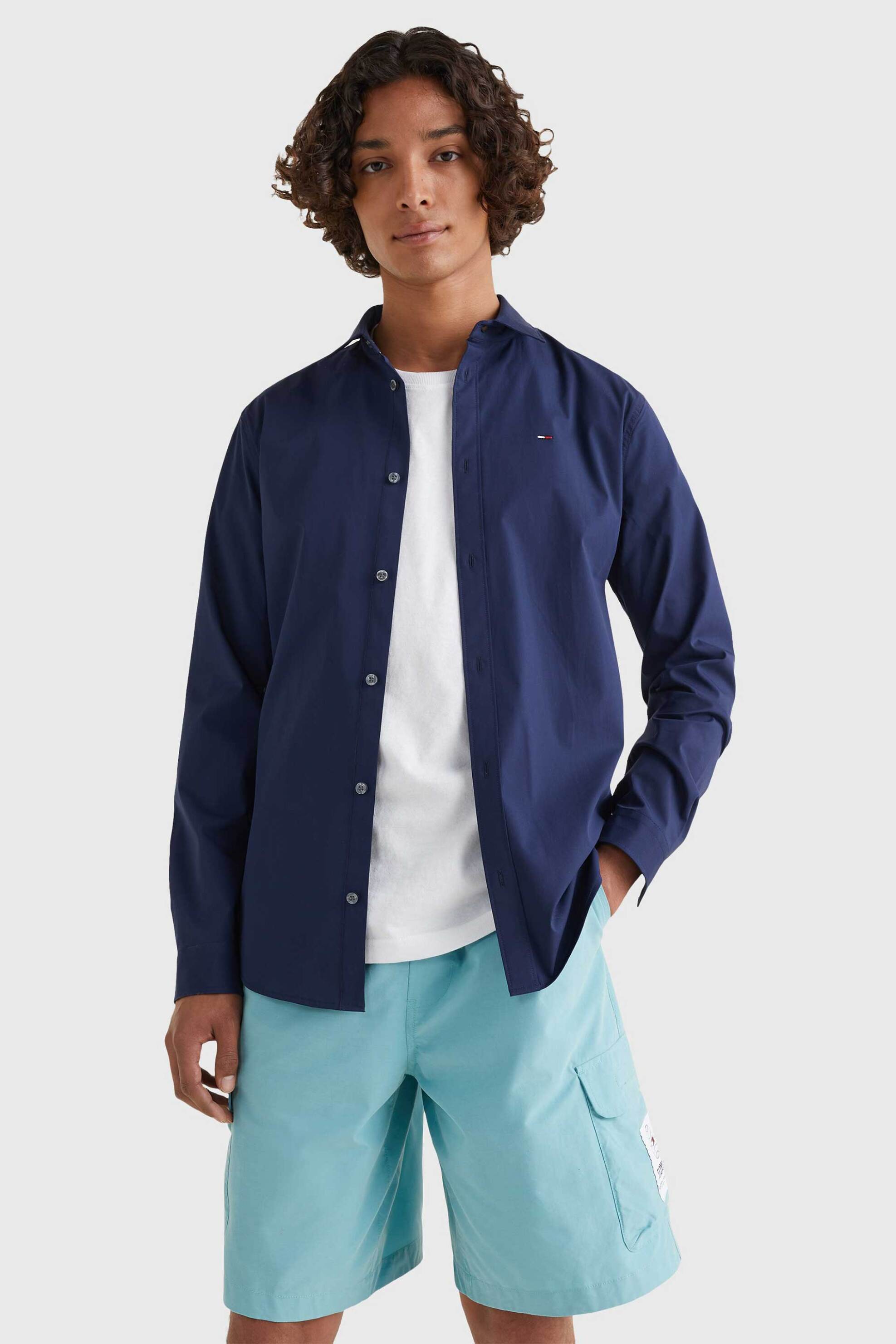 Tommy Jeans ανδρικό πουκάμισο stretch με κεντημένο λογότυπο Slim Fit - DM0DM04405 Μπλε Σκούρο