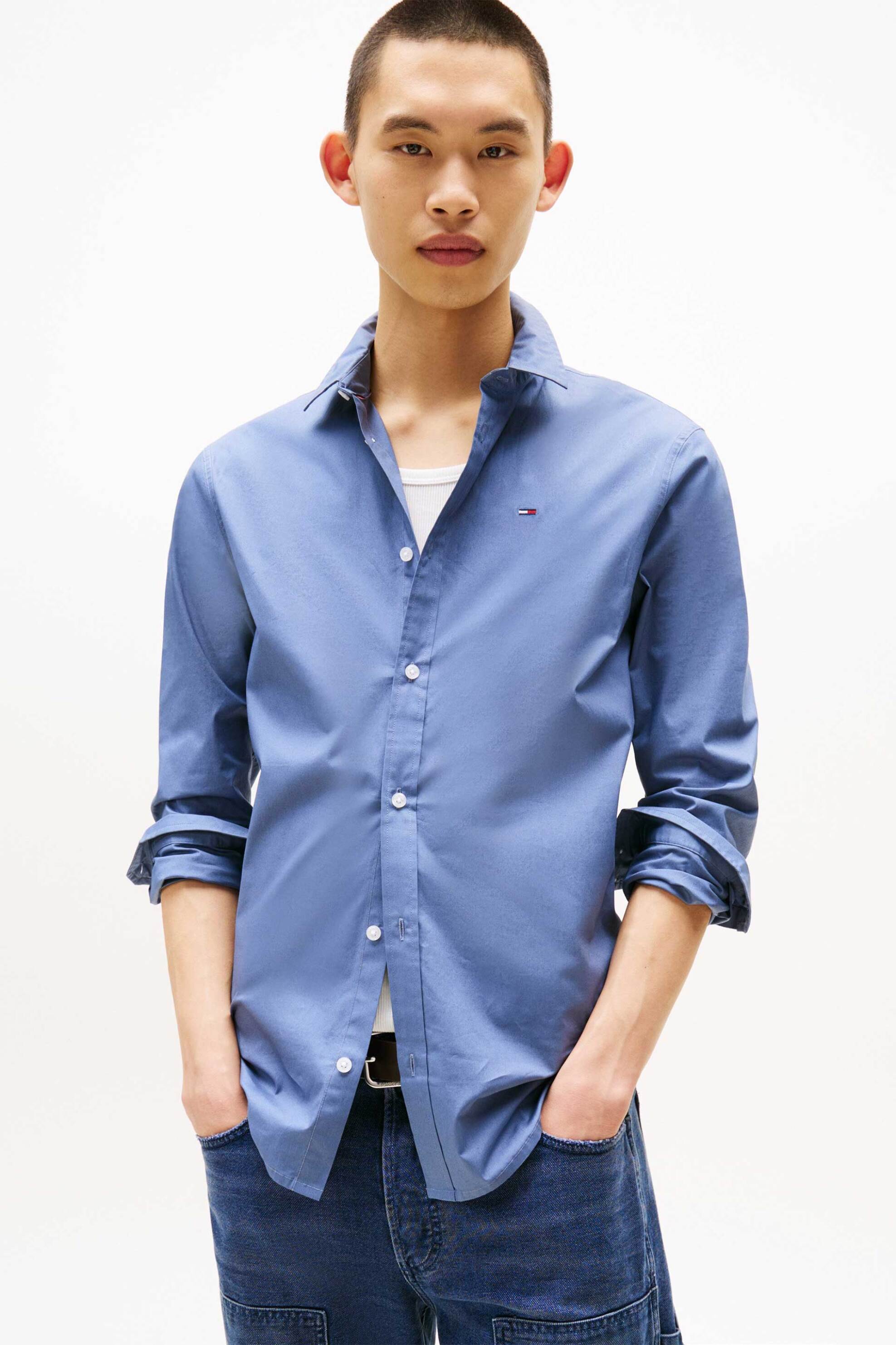 Tommy Jeans ανδρικό πουκάμισο stretch με κεντημένο λογότυπο Slim Fit - DM0DM04405 Μπλε