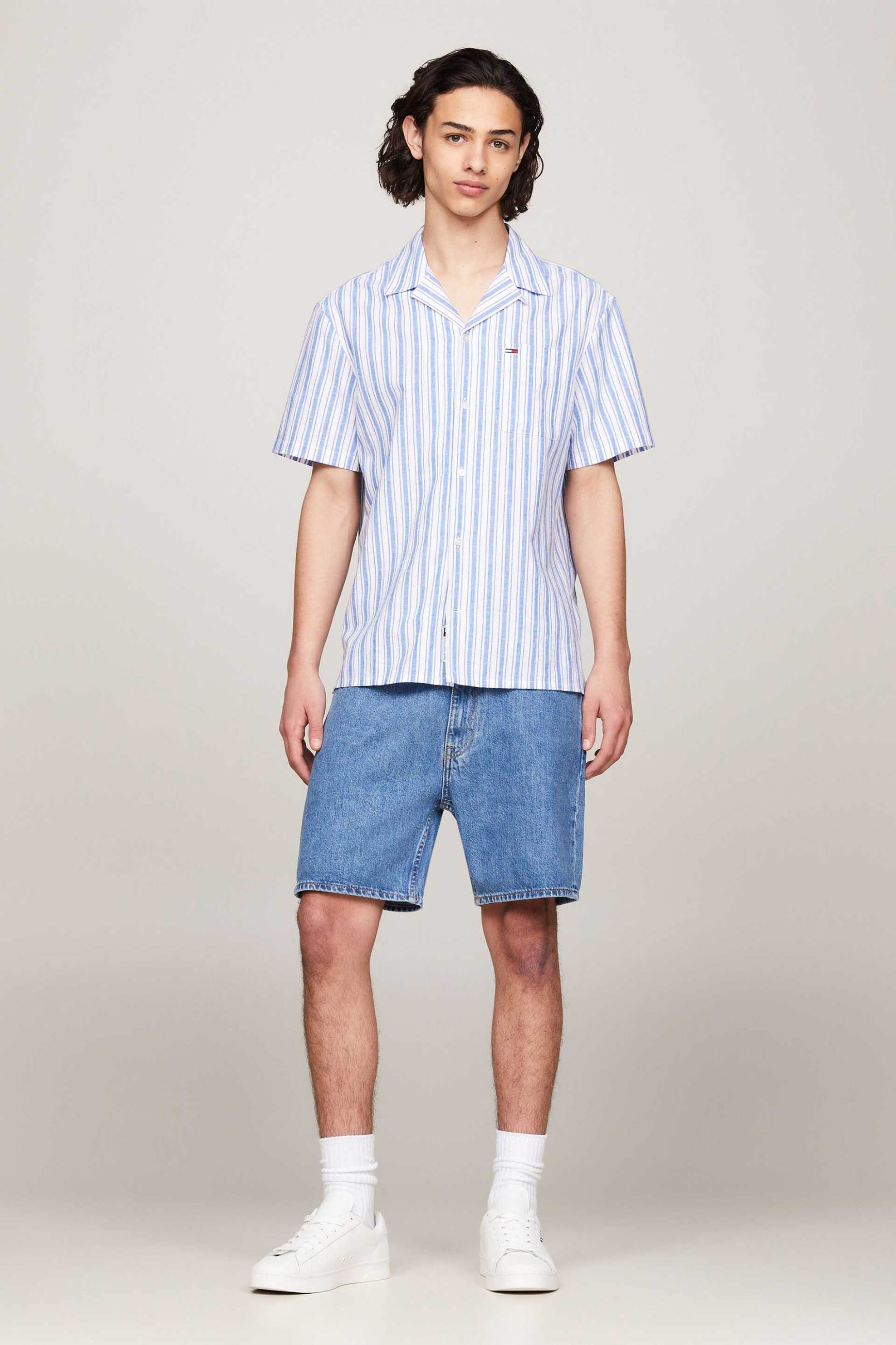 Tommy Jeans ανδρικό βαμβακερό πουκάμισο ριγέ με κοντό μανίκι - DM0DM18961 Λευκό