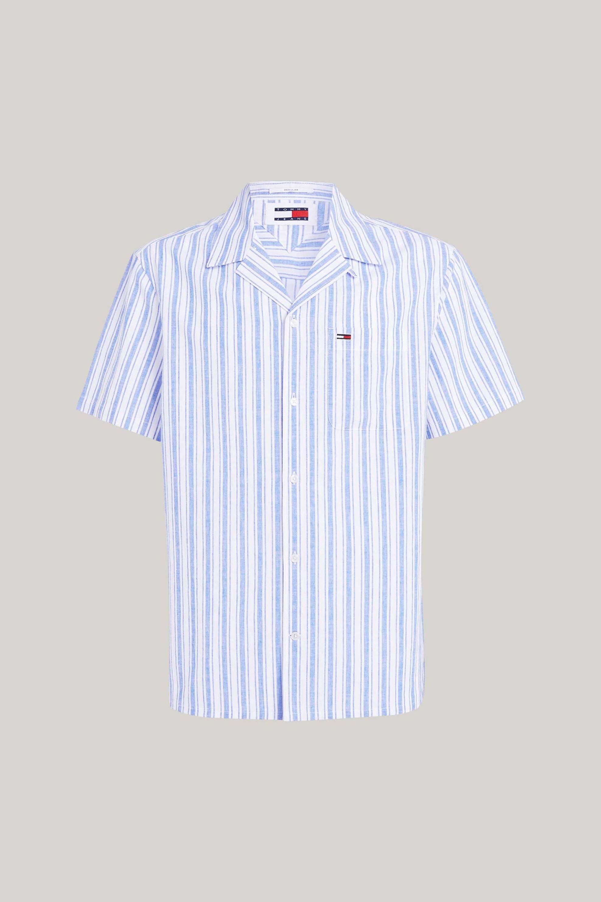 Tommy Jeans Ανδρικό Βαμβακερό Πουκάμισο Ριγέ με Κοντό Μανίκι - Dm0Dm18961 Λευκό