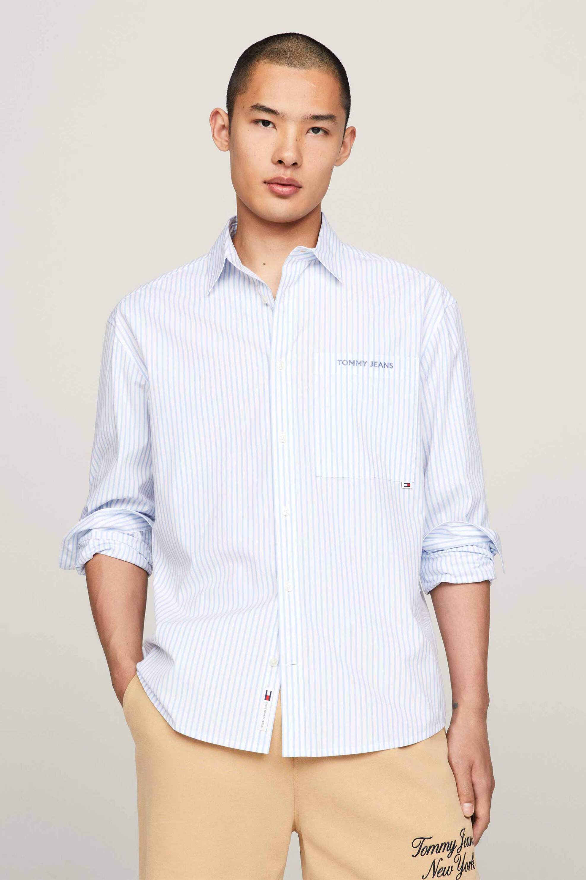Tommy Jeans ανδρικό πουκάμισο με ριγέ σχέδιο και κεντημένο λογότυπο Classic Fit - DM0DM18956 Μπλε Ανοιχτό