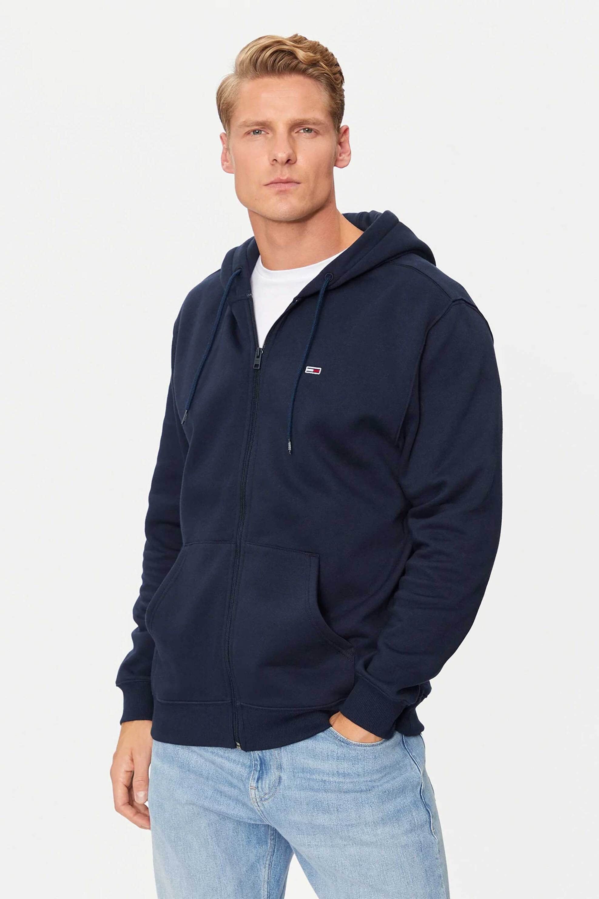 Tommy Jeans ανδρική ζακέτα φούτερ με κουκούλα μονόχρωμη Regular Fit - DM0DM20743 Μπλε Σκούρο